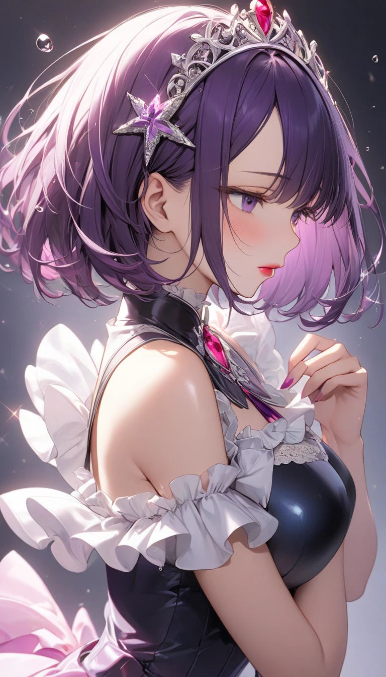 1 girl、purple short bob hair clip tied into a bun、black eyes、small breasts、uniform、gray jacket with pink line、blue skirt、 fingerless gloves、thighs、Ilcha fousing on her, surprise face, having her hands on her face, making cute expressing face.