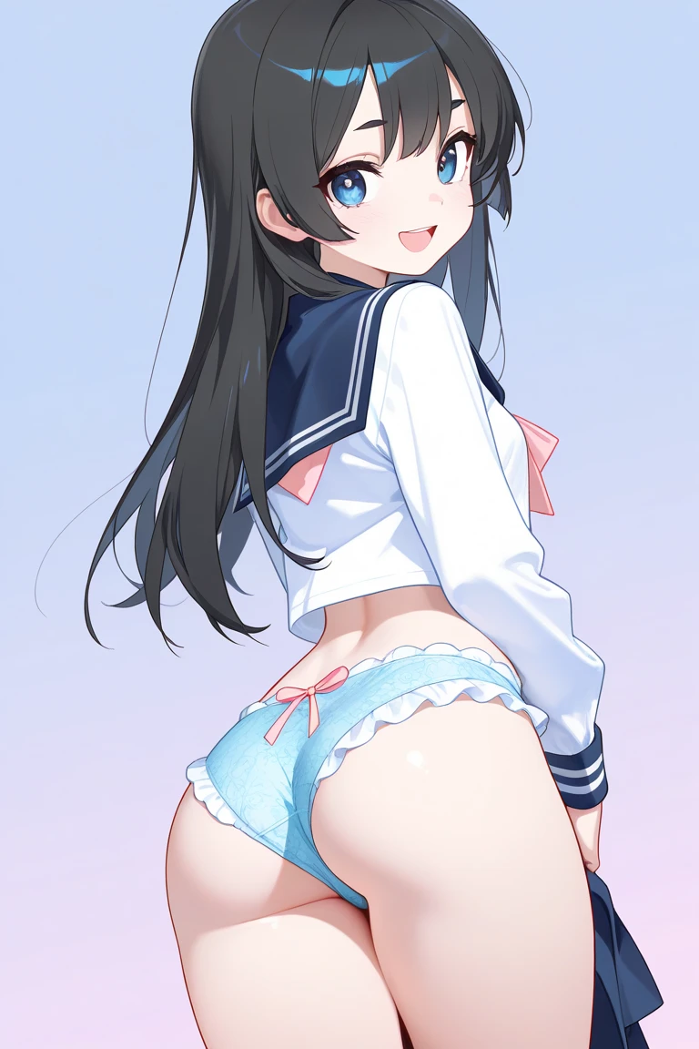 (highest quality:1.4)、High resolution、detailed background)、anatomically correct、attractive ass、 A close-up from a low angle highlighting the buttocks、Super close-up shot from directly below、Beautiful girl looking back、Sexy sheer high leg panties、Ultra-detailed panty seams、cameltoe、See-through sailor suit、classroom、cold eyes