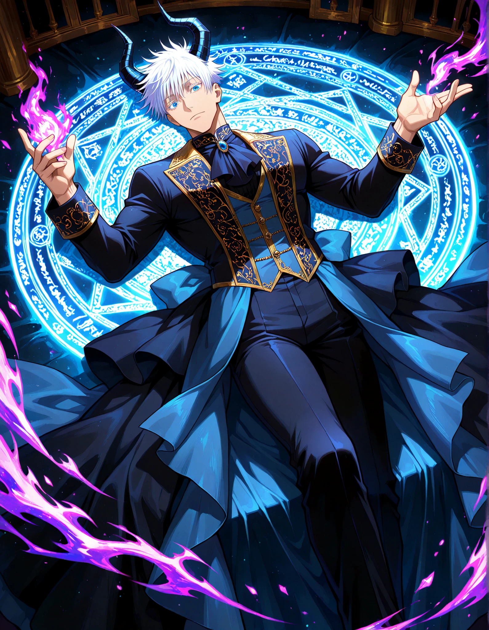 (masterpiece, best quality, highly detailed, mature) male, solo, 1man,adult, male focus, gojou satoru, jujutsu kaisen, blue eyes, white hair, short hair, sexy man, handsome face, colored eyelashes, handsome face, beautiful face, beautiful colors, medium shot, victorian clothes, aristocrat, royal clothes, white accent, indigo colored, indoors, serious, Egoat horns, white hair, horizontal pupils, beautiful male, dark background, night, castel, View from above,Enchanted eyelashes, delicate, style, Anime, digital painting, soft shading, fantasy, Neon Pastel, Ethereal Art, UHD, best quality, high detail , dark aura glowing, dynamic pose, lying, lying bored in bed, bored facial expression, castle interior, luxurious, glittering, shiny, sparkling, magical, particles, dark atmosphere, magical aura, playing with magic circle,, wide angle shot, dynamic pose