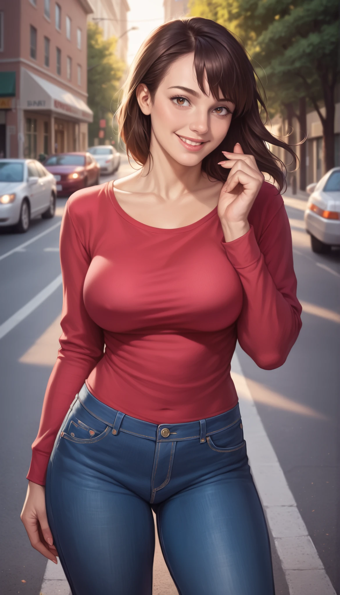 mjw2023, 1girl, 8k, best quality, trending on arstation, cinematic lighting, masterpiece, black top, jeans, looking at viewer, skin pores, detailed skin, raw image, photorealistic, 5 fingers, bangs. long auburn hair, green eyes, cute smile, big breasts, standing,