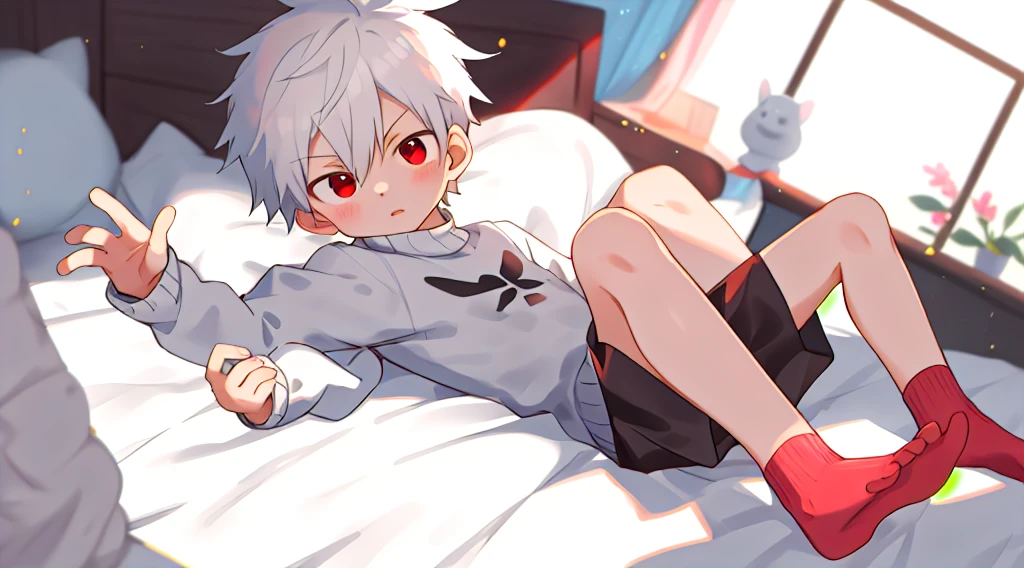 1 boy, shota, femboy, short, white hair, pale skin, shorts, White sailor t-shirt, red eyes, doppel docu stile, Thick sexy thighs, penis bulge between the legs, sexy, blank expression , (cartoon-style bold line work:1.2), vibrant colors, cel shading, inside a room, bed 