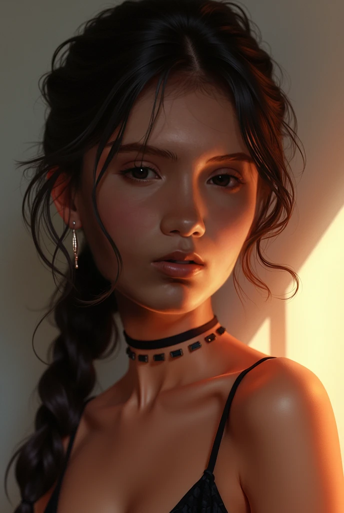 In this striking portrait, a woman with brown and black hair stands before the viewer, her gaze unwavering. Her lips are closed, but her collarbone is visible, adding a touch of vulnerability to her confident stance. The subtle hints of makeup, including mascara and a bold lipstick, enhance her natural beauty. The portrait is letterboxed, giving it a cinematic quality, and her nose is perfectly sculpted. As a final touch, her face is adorned with splatters of paint, adding a touch of creativity and playfulness to the overall image.