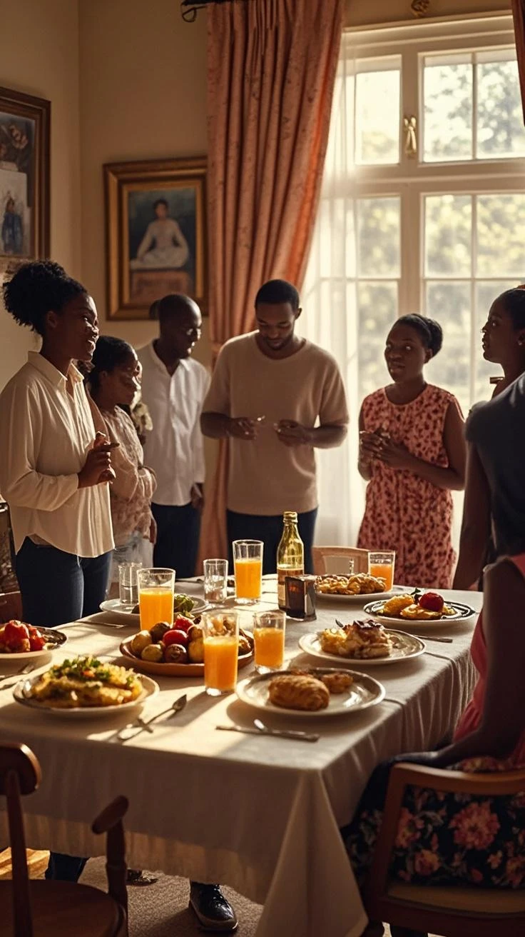 familia reunida em volta da mesa de jantar, um banquete sobre a mesa, muito comida, sorrisos, muita alegria, Realistic, vivid colors, altamente detalhado, Projeto UHD,