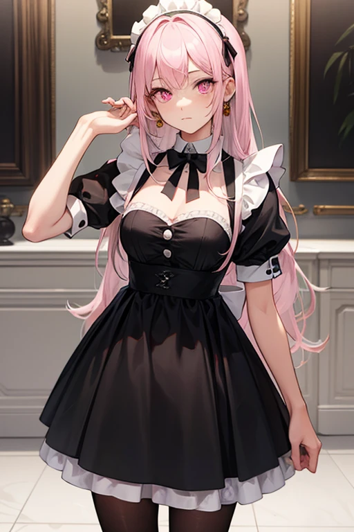 masterpiece, top-quality, Hi-Res, (((Evil Fall))), (((Leotard))), ram1, 1girl in, 独奏, Ram\(Re:Staynight\), A pink-haired, white thighhig, shorth hair, red eyes, Hair above one eye, Ribbon trim, Hair Ribbon, X Hair Ornament, frilld, Maid headdress, Waist apron, garter strap, a black ribbon, huge tit, long-sleeve, White Apron, Ribbon around the neck, Purple Ribbon, Wide sleeves, flower in hair,