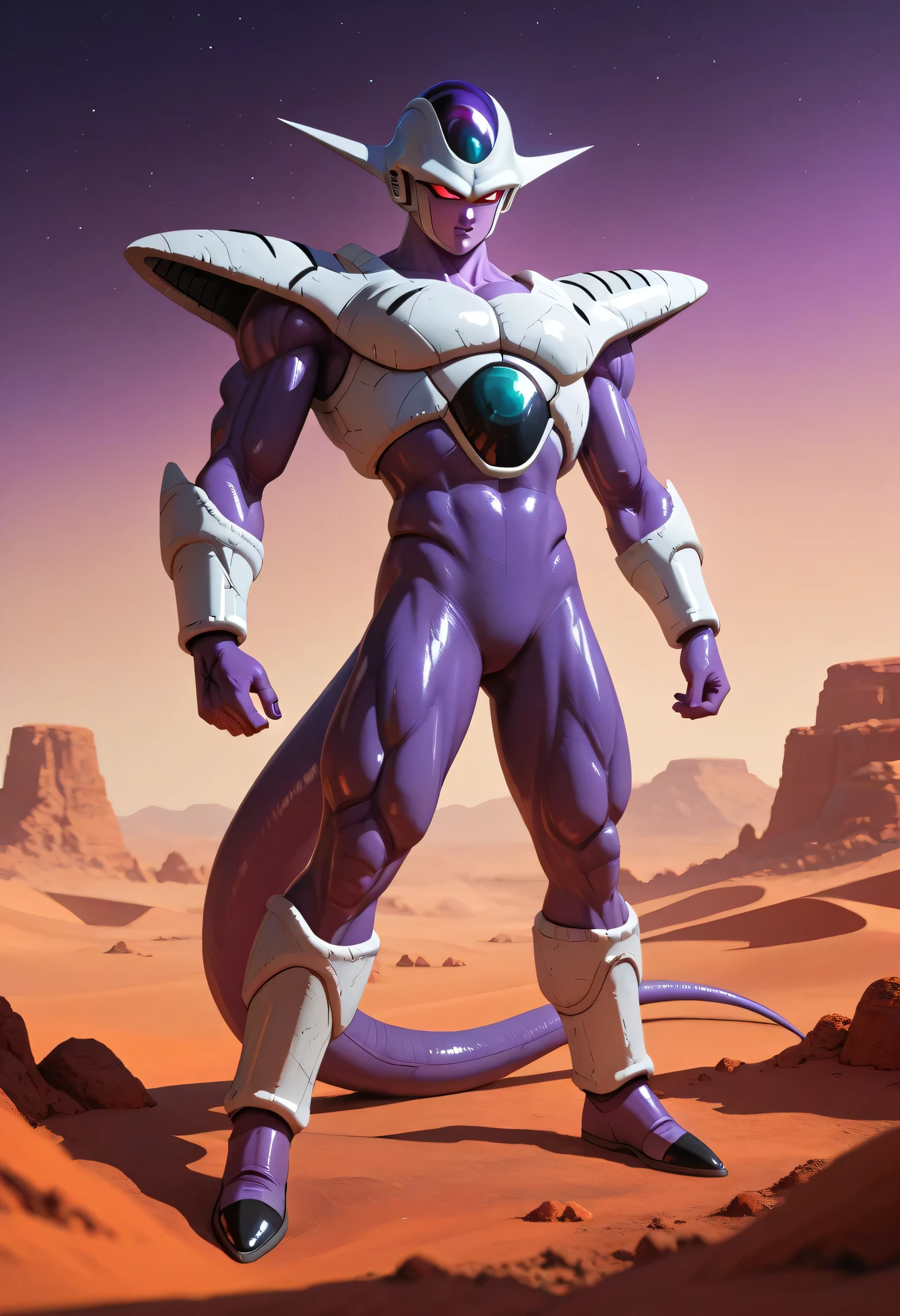 A hyper-realistic CGI rendering of Cooler in Final Form from Dragon Ball Z. The character stands in an intimidating pose in an alien desert landscape, with a muscular purple body, white bio-armor, and a long, curved tail. His white helmet features a deep blue gem and red eyes that glow with energy. The scene is rendered with Unreal Engine-quality lighting, cinematic shadows, and highly detailed textures on the skin, armor, and surroundings. The background features a surreal alien sky with floating orbs of light and sharp white rock formations. The sheen of his skin and realistic reflections add to the dramatic and powerful feel of the character.
