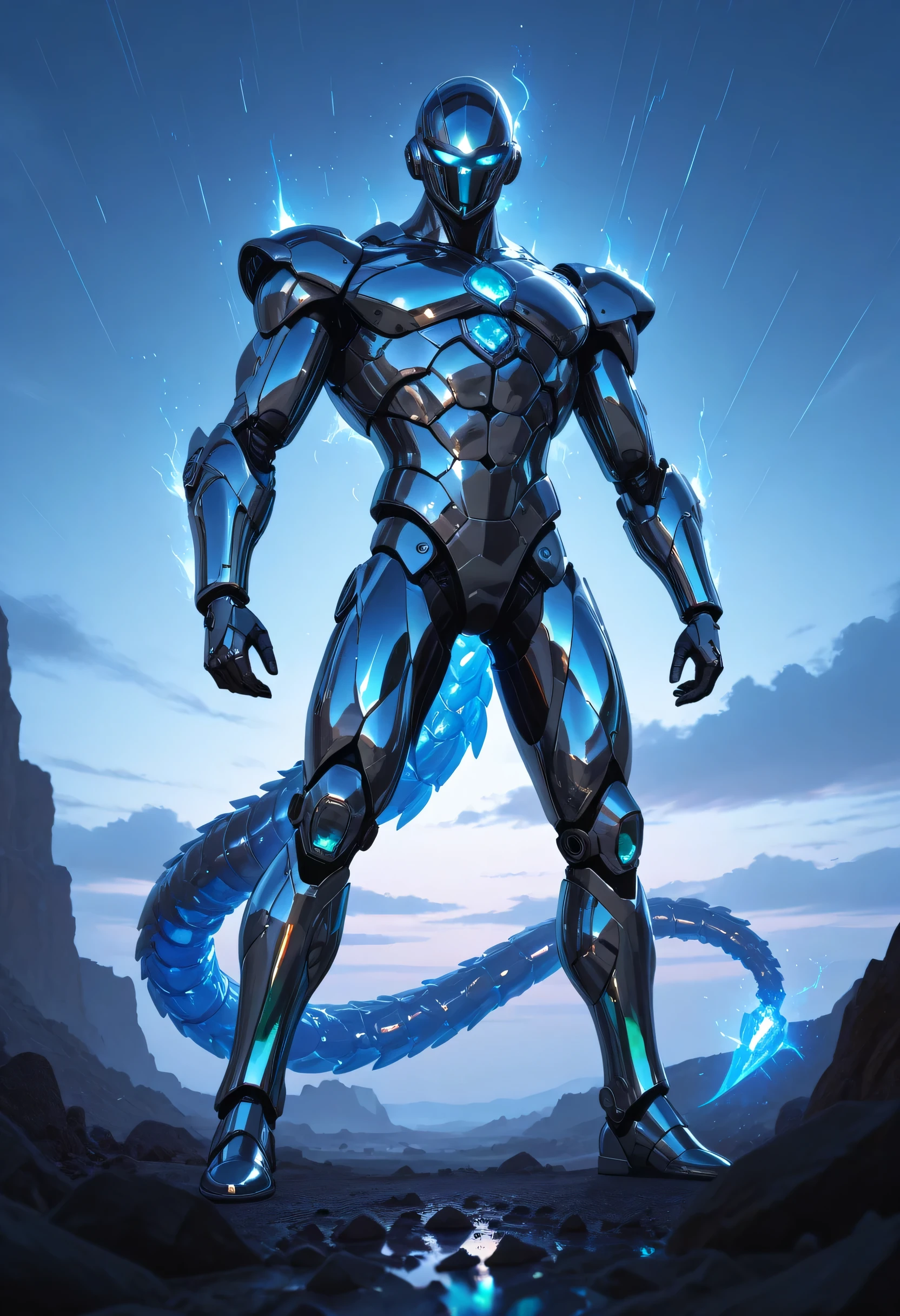 A towering humanoid alien warrior with a sleek, metallic cybernetic body, glowing blue reflections and polished chrome textures, standing confidently on a rocky terrain. The character has a muscular, biomechanical structure with glowing energy lines across its body, a long segmented tail, and futuristic armor plating. The background is a vivid sky with soft clouds, reflecting light off the metallic surface. Hyper-realistic textures, cinematic lighting, CGI rendering, Unreal Engine quality, 8K ultra detail, dramatic perspective from below.