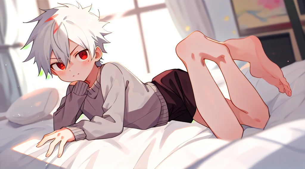 masutepiece, Best Quality, High quality, 1boy, Solo, Male Focus, Looking at Viewer, Full body, Killua_zoldyck, Background Blood Moon, Wearing satin pajama shorts, Satin pajamas material is shiny, soft and smooth to the touch, No Underwear,Bulge,
