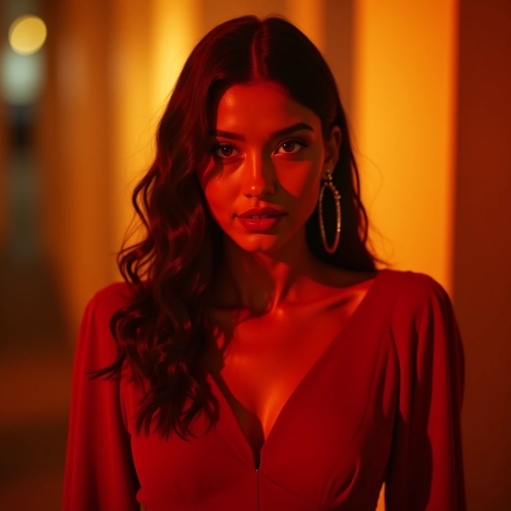 masterpiece, best quality, 1 brown girl, long black hair, solo, redgown, red dress, facing viewer, medium shot, night time, light_particles, milky way, night sky, stars, freckles, fur-trimmed jacket, standing,(jewelry:1.1), large window, both hands behind back, view from front