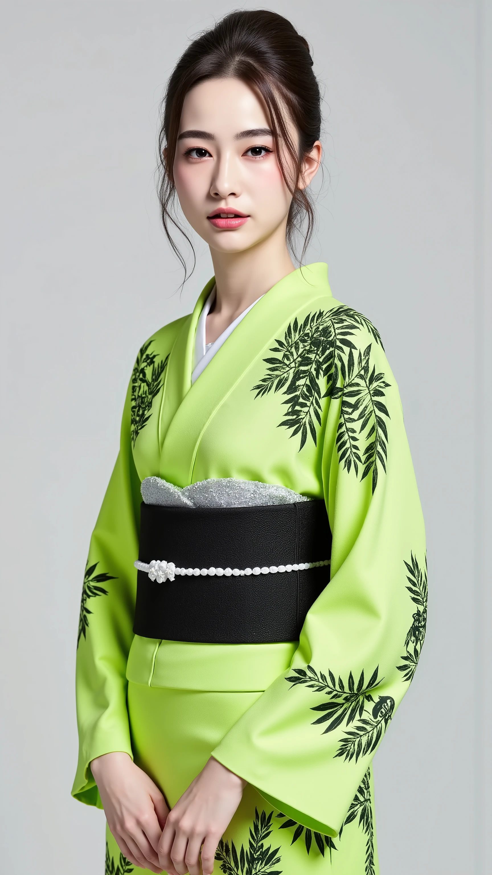 A young beautiful woman is wearing a kimono、Kimono of the future、Optical camouflage、Fluorescent green kimono、The pattern on the kimono is contemporary art、The collar is silver、are you wearing sneakers with heels
