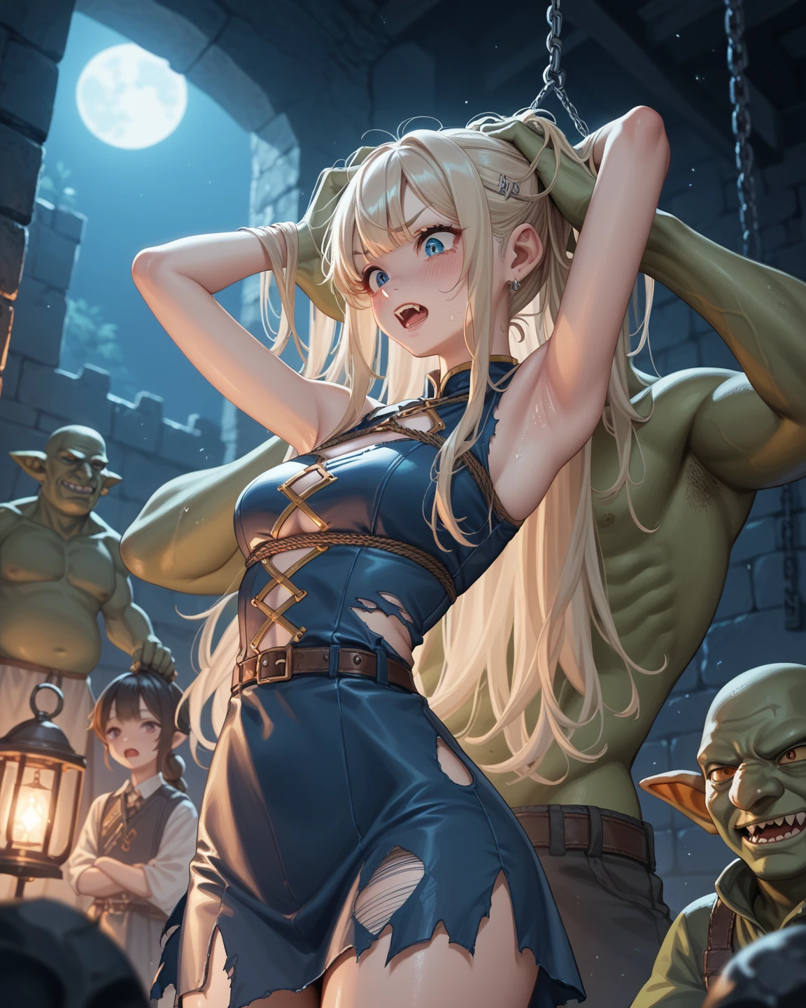 (1 Girl:1.5), Goblin Gangbang, Heterosexual, group sex, alone_concentrated, Multiple penises, Vaginal, Several Goblins,Green Monster, cry, (dqBianca:1.2),blue eyes,Blonde, Long Hair,nude,(masterpiece,Super detailed,4K,8k,CG,figure,Perfect composition,Beautiful Skin,photographical skin,Shiny skin, Highly detailed background,Shaved:1.2)