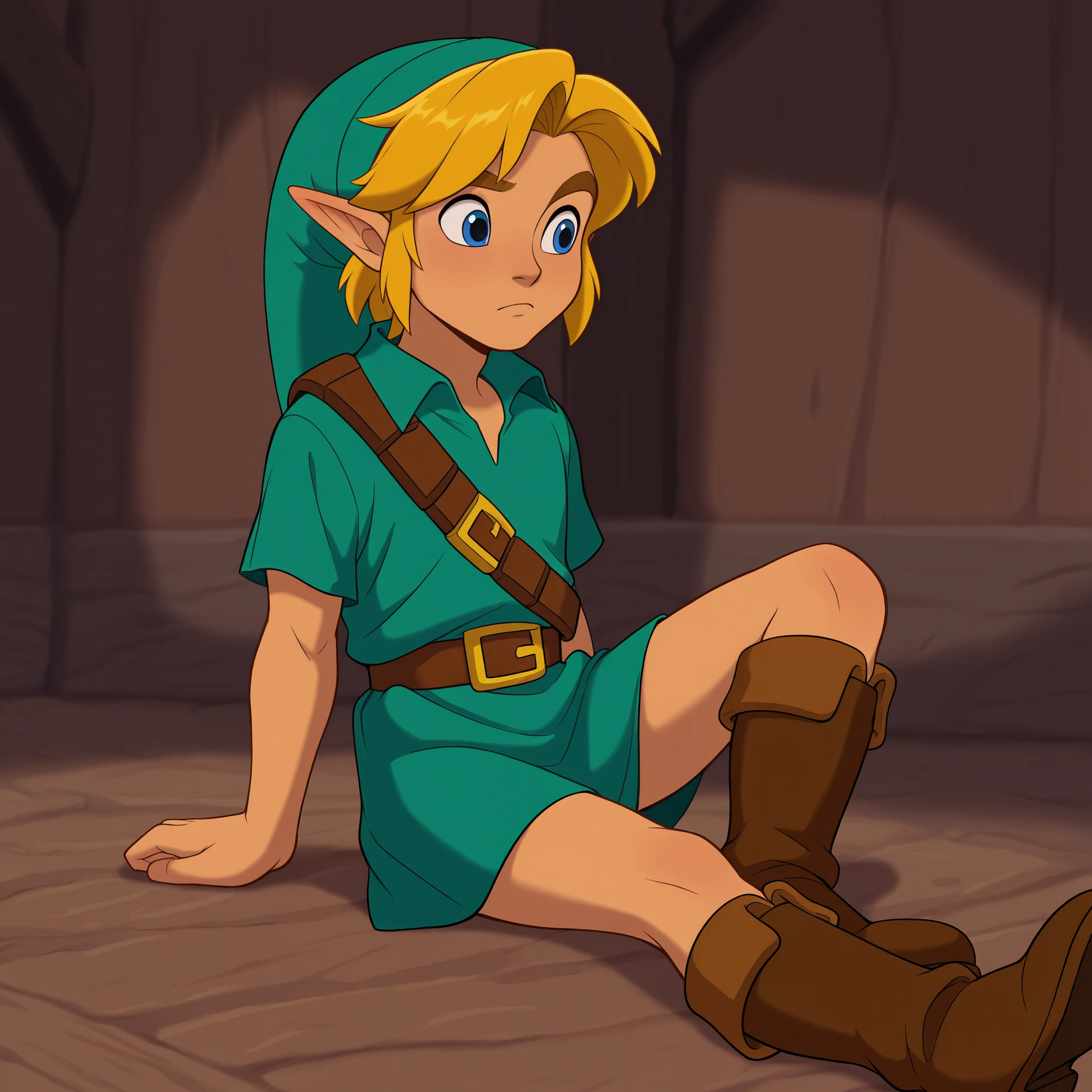 masterpiece, best quality, DisneyClassics disney 1boy, younglink, link, blonde hair, blue eyes, hat, pointy ears, green tunic, belt, boots
