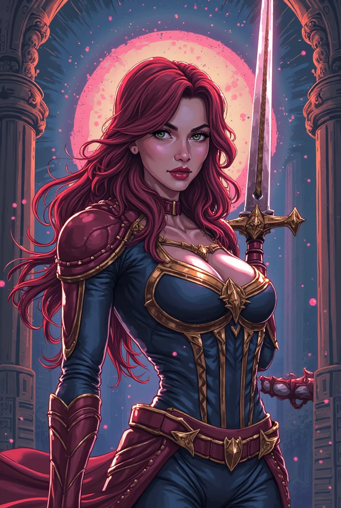 (masterpiece),(best quality),(ultra-detailed),(best illustration),(best shadow),(absurdres),(detailed background),(very aesthetic),sara valestein, sen12, 1girl, weapon, solo, sword, breasts, cleavage, smile, yellow eyes, thighhighs, choker, belt, holding, 