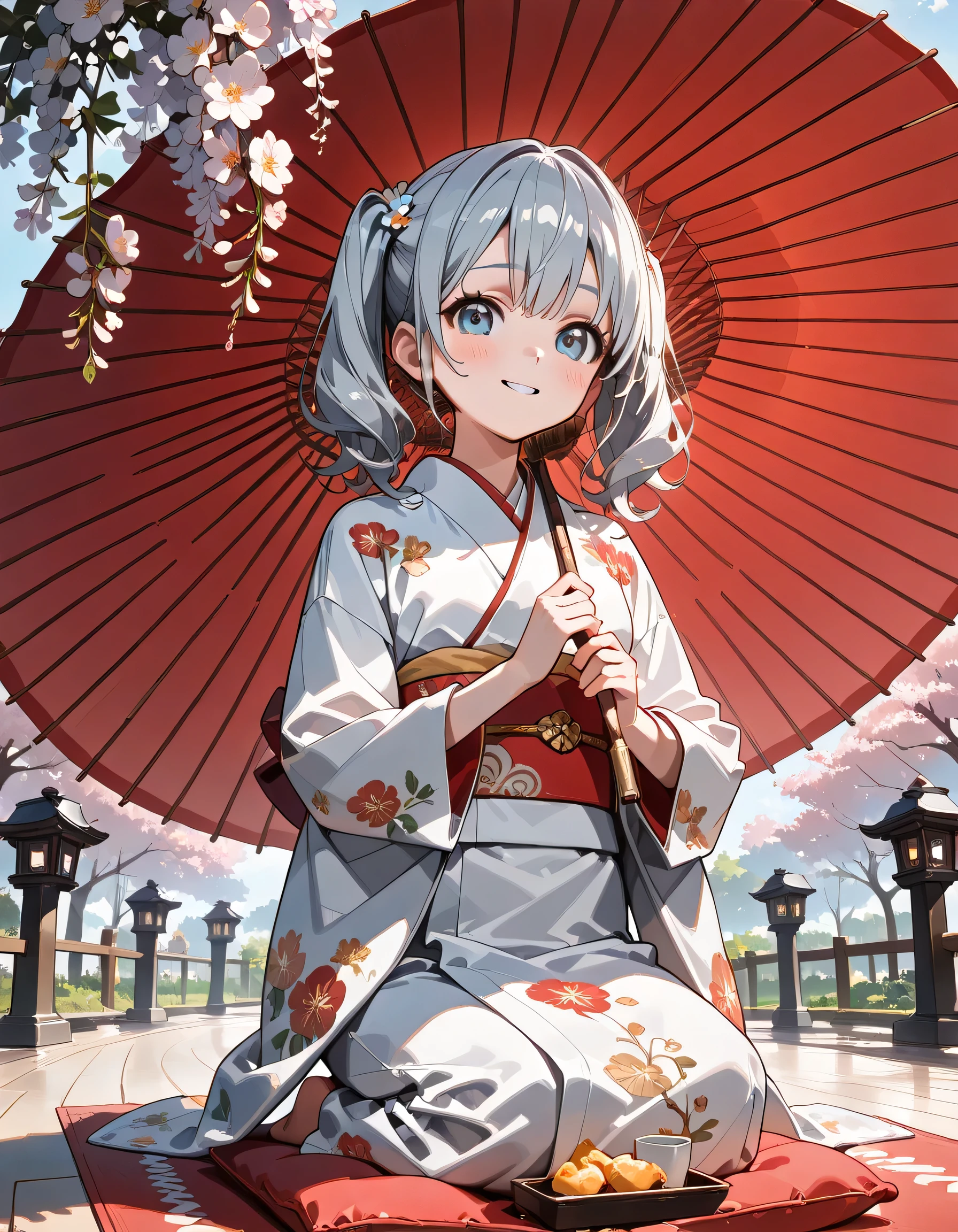 ((ultra-detailed)), (highly detailed CG illustration), (best quality:1.2), ultra-highly detailed, colorful composition, artistic photoshoot, 1girl, solo focus, upper body, Japanese moe anime character, girl, dainty facial structure, baby face, round face, rounded chin:1.2, ideal ratio body proportions, celia-default, celia claire, blue eyes, sparkle eyes, long silver hair, two side up, smile:1.3, happy:1.2, joyful:1.2, blush:1.2, drinking Japanese tea:1.3, japanese style handleless teacup with green:1.4, holding a handleless teacup with both hands:1.4, steam:1.3, delicious:1.3, pink ankle-length long furisode costume with gorgeous floral pattern:1.3, red obi with golden decorations, red Japanese ornate hairpin with golden decoration, ample breasts, wariza, seiza, Sitting with a cushion on top of the red carpet, Japanese-style outdoor garden, Japanese-style umbrella, Japanese Tea ceremony, beautiful detailed sky, wisteria blossom petals, wisteria frowers, row of wisteria trees, breeze, petals dancing, low angle, expecting, pink cheek, blush, light pink gloss slip, portrait, depth of field, soft lighting, sidelighting, shine, lighting, caustics, ray tracing, smile, perfect face, lustrous skin, highly detailed face, highly detailed eyes, perfect face, perfect nose, perfect hair, perfect eyes, perfect anatomy, beautiful hair, beautiful small face, extremely detailed face, beautiful detailed eyes, beautiful clavicle, beautiful body, beautiful fingers, 4 fingers, 1 thumb, lovely, very detailed background:1.0, highly detailed background:1.0, spring aesthetic, intricate details, solemn serene and respectful atmosphere, spring colors palette, chromatic aberration