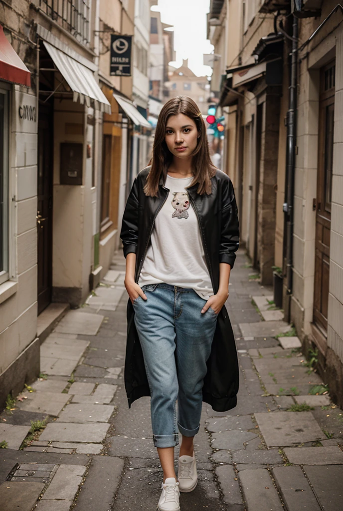 1 white girl with glasses and shoulder-length black hair, with black shirt, on the street, With dog collar