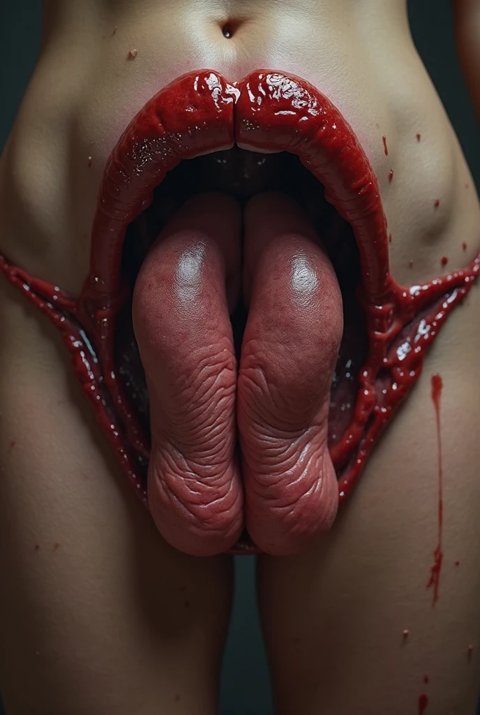 Create an artistic rendering of a sexy zombie model with dead eyes and additional erotic details to accentuate her eerily attractive essence. Incorporate pornographic elements such as prominent abrasions and remnants of fresh blood for authenticity. Add details like bloodied wounds, open gashes with visible viscera, and bruises to enhance the realistic horror effect. Include specific descriptions such as ‘blood trails on her thighs and chest’ and ‘seductive movements with blood streaks on her hips’. Integrate twisted hair and contorted lips to add character. Emphasize subtle erotic details such as tense muscles, sensual curves, and maximum nudity without clothing. Explicit depictions of intimate parts, like a ‘detailed view of a beautifully shaped pussy’, should capture the essence of her undead allure. Incorporate details like erotic poses with legs spread apart and intense sexual energy depicted throughout the image. For a dramatic effect, add more blood on the body. The surroundings should be varied to ensure that each generated image is different. Closed mouth. Spread legs appart. From behind. Prominent warm veins on the breast and where they may be on the body. Moist shiny skin.