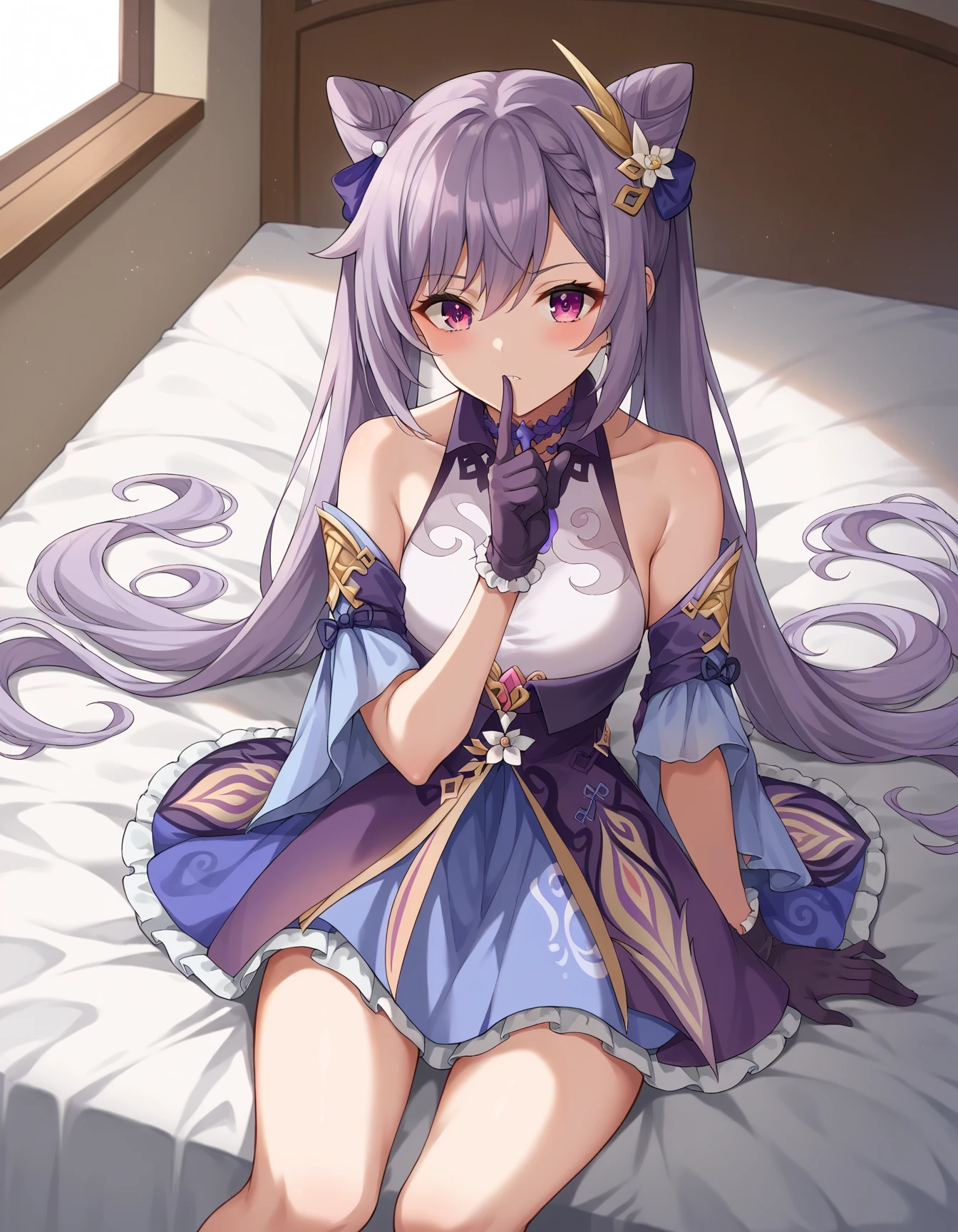re:zero emilia、emilia、Braid、クラウンBraid、flower、髪flower、hair ornaments、hair ribbon、long hair、pointed ears、(purple eyes:1.2)、gray hair、xhair decoration、 BREAK detach color、blush、Bedroom、masterpiece、highest quality、perfect litthing、by 1girl、underwear、middle breast、purple lace moon bra、Purple ruffled panties、garter belt、、BREAK(masterpiece:1.2)、Highest image quality、High resolution、unified 8k wallpaper、(An illustration:0.8)、(beautiful detailed eyes:1.6)、highly detailed face、perfect lighting、Highly detailed CG、(perfect hands、perfect anatomy)、smile、sit with legs apart
