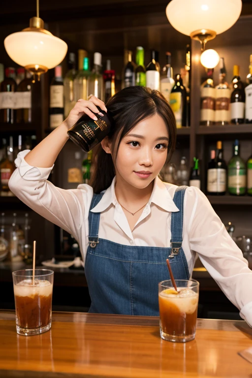 born,(Sharp focus、Eye focuasterpiece、Highest quality、Realistic詳細、Clear images、Realistic、High resolution),Beautiful smiling woman holding a cocktail glass、22 years old、big, Kind eyes,,bar counter,A shelf of whiskey bottles in the background、White shirt