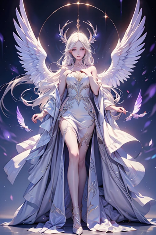 ((colorful dress, colorful theme, clothing, colorful theme, Very bright colors, Light particles)), symmetry, portrait, full body shot, accurate, 16k, highres, best quality, award winning, super detail, anatomically correct, masterpiece, retina, UHD, Ombre, Smile, Cleavage, Pure, High heels, Laces, No bra, Offshoulder, Highly detailed facial and skin textures, Detailed eyes, Choker, Full body photoshoot, Full body, Far view, Full body in view, High heels in view, Attractive legs, Sexy legs, Tall legs, Slim figure, Dressed, (photorealistic: 1.4, clear: 1.2, perfect body: 1.4, beauty: 1.4, slim abdomen: 1.2, big breasts: 1.2, fit: 1.5, full-body shot: 1.4, random hairstyles: 1.2),((full body female angel, shining halo over head, extremely bright halo, halo)), shining wings, shining halo, exquisite headdress, beautiful female angel, large wings, white hair, white wings, on clouds, beautiful angel, attractive angel, clouds, glowing eyes, Angel wearing white dress, eight arms, elf ears, one angel girl