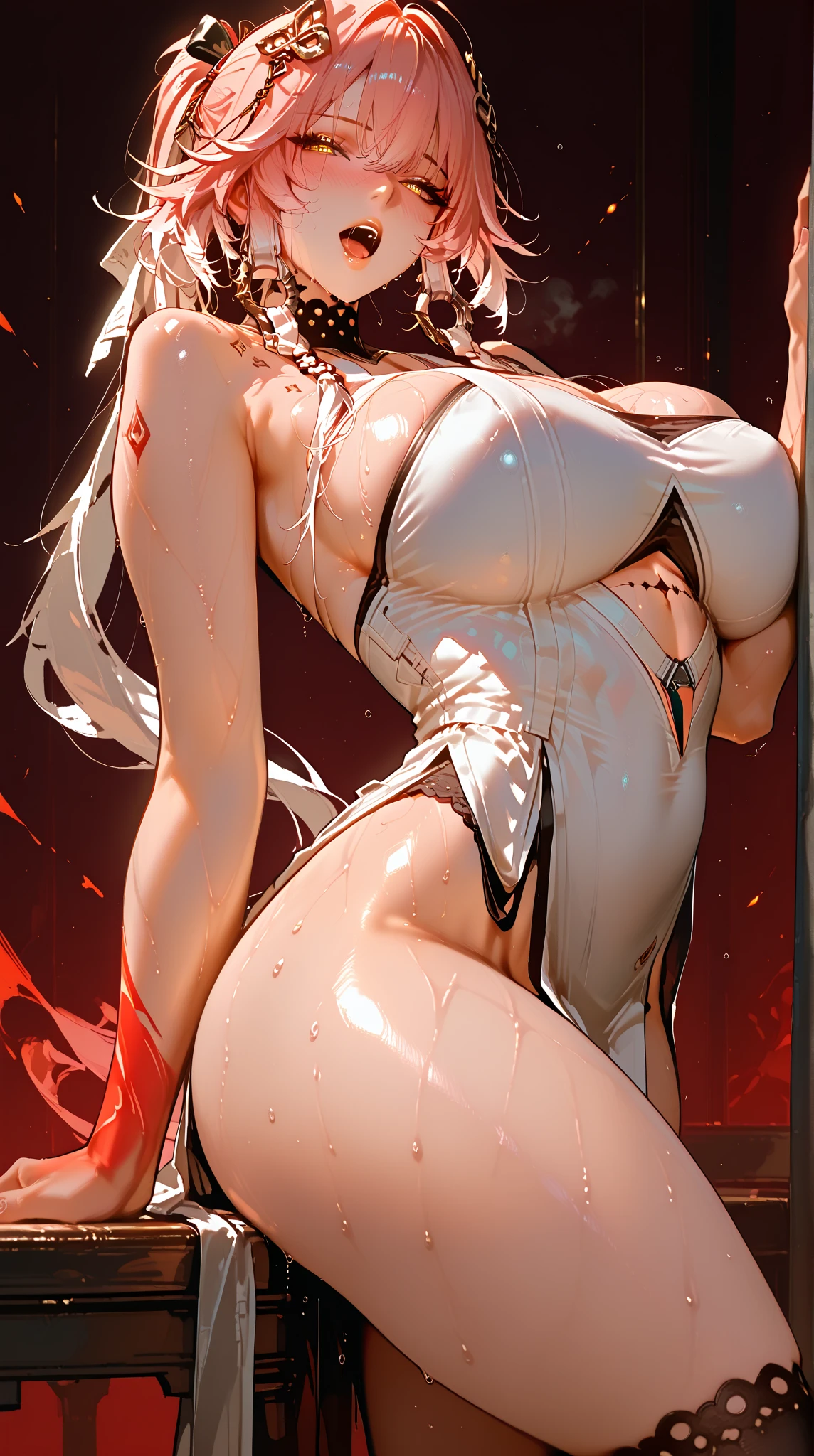 masterpiece, best quality, highly detailed, highres, 24 year old girl, beautiful eyes, beautiful face, beautiful lips, open mouth, a lot of covered mouth in sperm, solo, (intricate beautiful face, orgasm on face, detailed face, a lot of covered face in sperm:1.1), (intricate bob hairstyle hair, pink hair, detailed hair:1.1), (cinematic view, front shot, looks at the viewer, spread legs:1.1), (intricate beautiful latex leggings, a lot of covered latex leggings in sperm:1.1), without a bra, sperm from vagina, belt fits breasts, belt fits legs, hand strangulation of the neck (big beautiful breasts, voluminous breasts, naked breasts:1.1), (detailed body, beautiful body, naked body, covered sperm on the body:1.1), (big abs, sculpted abs, beautiful abs, a lot of covered abs in sperm:1.1), bright glowing eyes, (wet skin, bright skin, detailed skin, glistening skin:1.1), (a lot of sperm on the body, face covered in sperm:1.1), (cosmos background, detailed cosmos background, boke cosmos background:1.1), perfect natural lighting, detailed lighting
