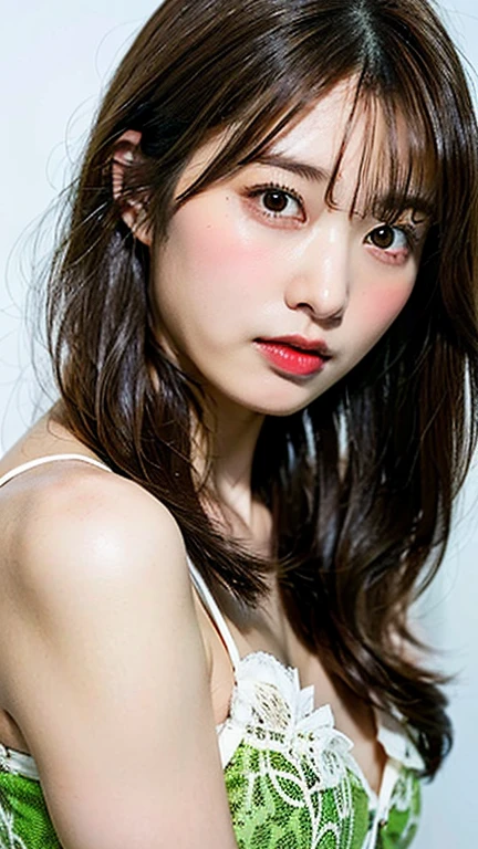 Canon RF85mm f/1.2,masterpiece,best quality,ultra highres,vc,1 girl,(korean mixed,kpop idol:1.2),solo,white_shiny_skin,black eyes,necklace,((brown_short_wavy_hair)),((pink_shiny_lips)),eyelashes,bangs,aface,make-up,shiny,Pore,skin texture,bracelet,offshoulder,see-through,big breasts