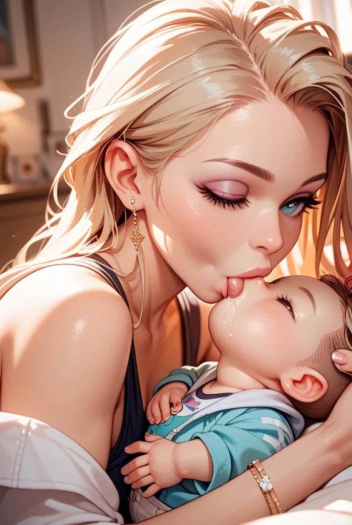 mom and small son, mom making oral sex to son, oral sex mom to boy, mom bending over, mom knnealing showing tits, 1greek goddess seducing boy in public showing tits,blonde hair,long wavy hair,aphrodite,venus seducing boy ,half body,masterpiece, bannana on mouth, mom opening mouth