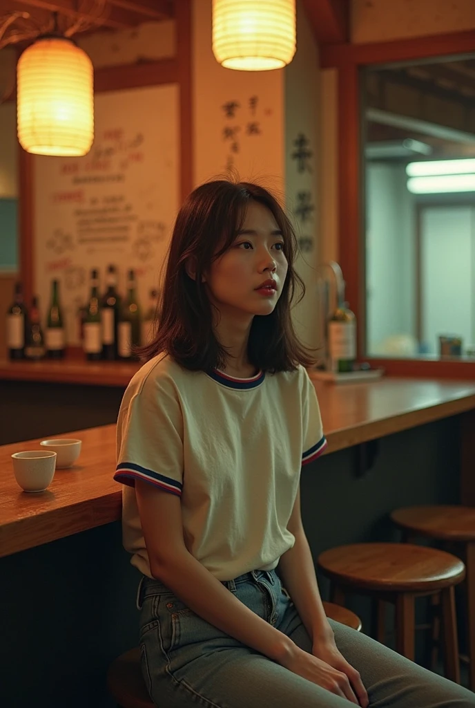 Great — here’s a variation with a melancholic, cinematic tone and fewer sake bottles, focusing more on mood and emotional atmosphere:
---
Prompt:
A melancholic, cinematic vintage photo of an Asian woman in Japan in the 1980s, styled like a still from an old film. She sits alone in a narrow, softly lit traditional Japanese bar with light wood interiors. Warm amber light spills from paper lanterns above, casting gentle shadows on the wooden counter. The woman wears a simple, slightly oversized ringer T-shirt and faded jeans. Her shoulder-length hair is loose and slightly unkempt, suggesting the end of a long day. She looks to her left with a distant, introspective expression, as if lost in thought. The bar is quiet and sparsely decorated — only a few sake bottles on a shelf, a ceramic cup in front of her, and a single handwritten menu on the wall. A small fan hums softly in the corner. The mood is hushed and intimate, with film grain, muted colors, and shallow focus adding to the emotional weight. It feels like the moment before something unspoken.