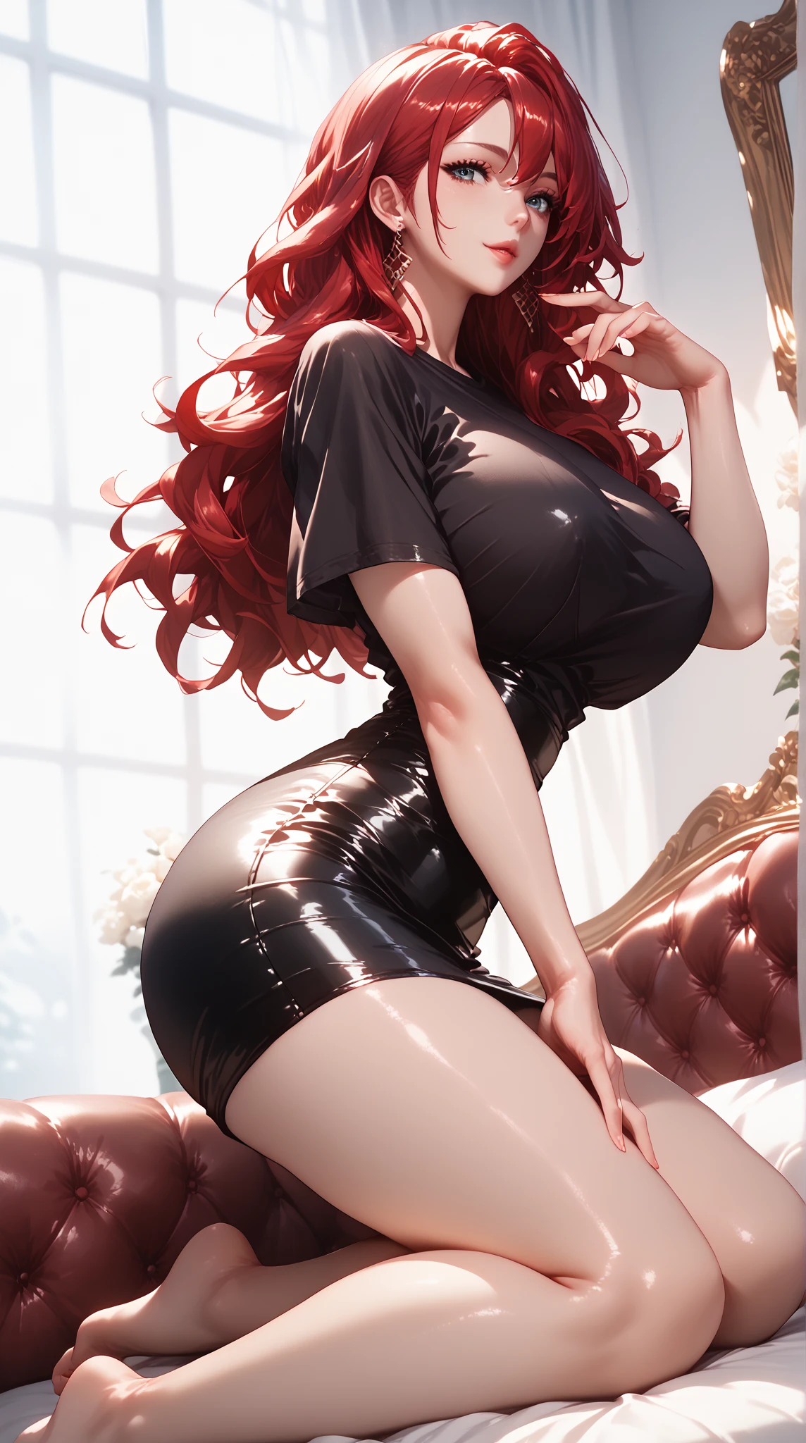 beautiful woman with red haired babes, with bangs in tight outfit happy