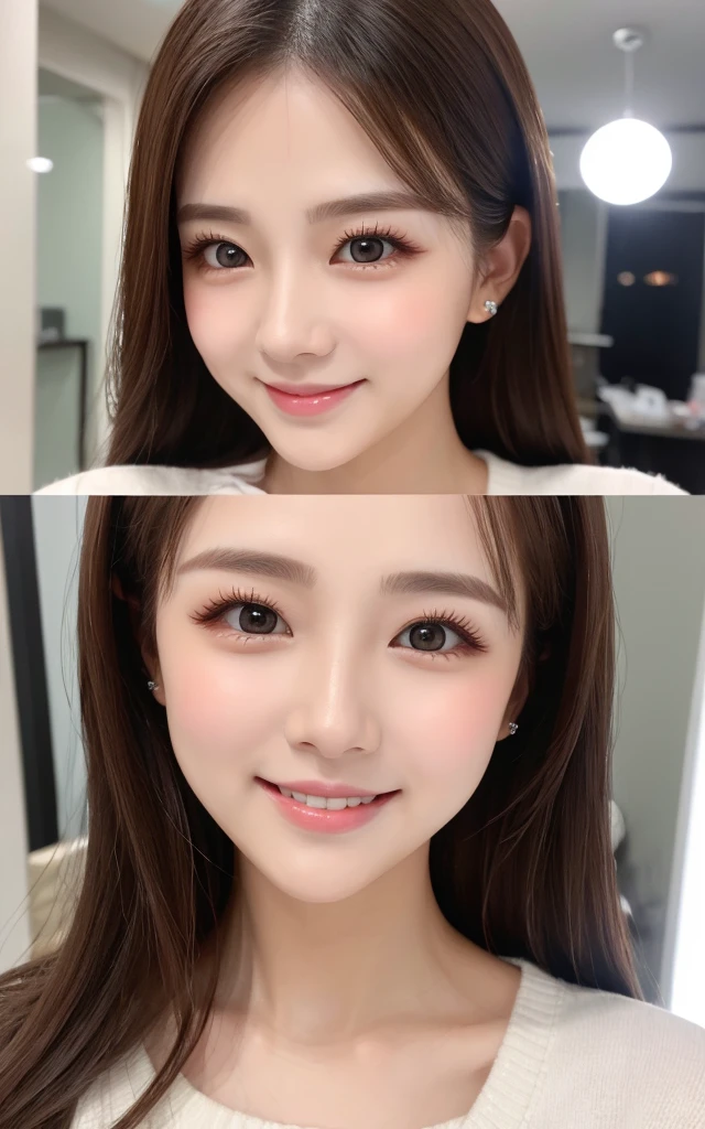 (8k,RAW Photos、RAW Photos、highest quality、Masterpiece:1.2)、Very detailed、Super Resolution、(Photorealistic:1.3)、Front view angle、Clear depiction of light and shadow、High resolutionのRAWカラー写真、Professional photos、Same skin type as humans、From the top of the head to the waist、Blur the background、Draw faithfully to anatomy、Tabletop, highest quality, shape, Very detailed, finely, High resolution, 8k wallpaper, 完璧なダイナミックな構shape, Beautiful and exquisite,Medium Hair,,Natural color lip, Bold sexy pose,smile、20-year-old girl、cute、Looking into the camera,Always blur the background,Perfect and beautiful face,Slim face and figure,Big eyes、Small face,Shooting from below、smile,Blurred Background,Elegant feminine face、White blouse、smile、Change pose randomly、Randomly change the shooting angle and position、one person、Korean Idol