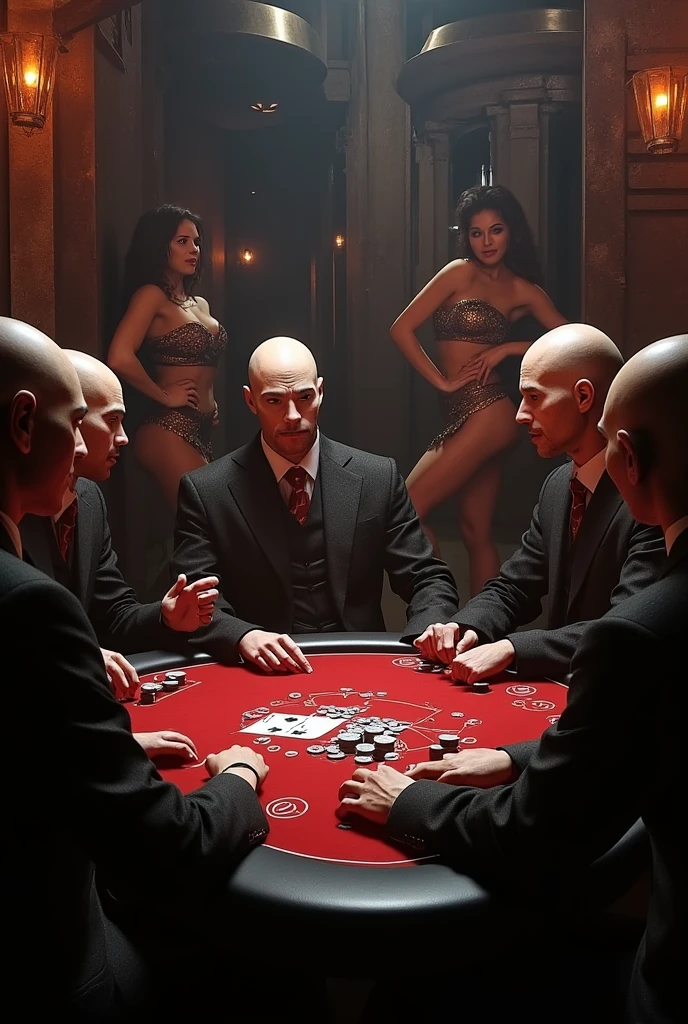 dead men gambling inside a casino , with a woman with huge breasts