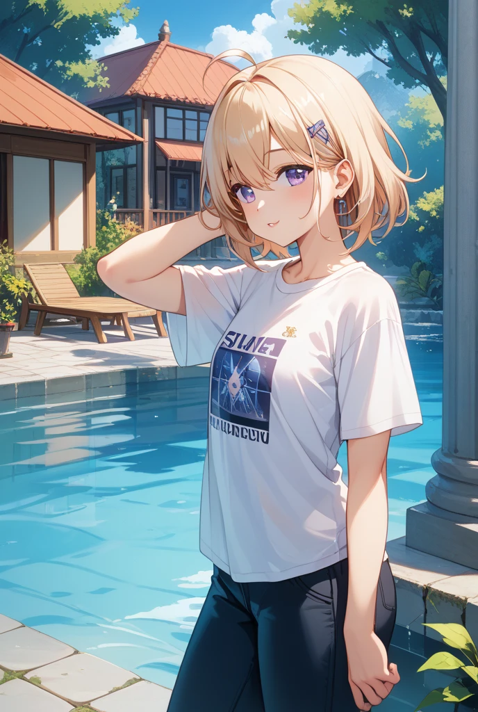 A girl who is an anthropomorphized tuna　Wearing light modern clothing　In the water