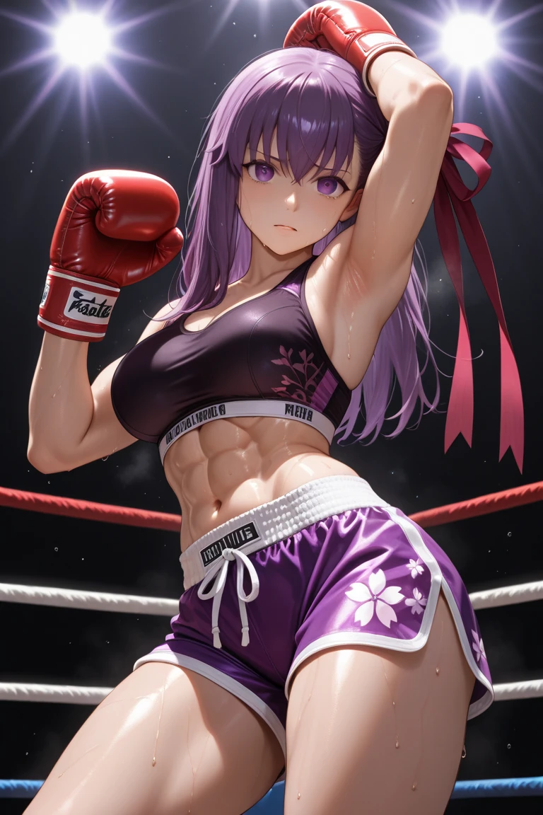  2D anime picture, (anime style 1), single female arrogant boxer, 20 years old, sadistic, Japanese, beautiful long hairstyle, lush breasts, in black high neck crop top, in black short sport skirt with undies, in violet boxing gloves стоит возле боксёрском ринге, in empty gym, night 