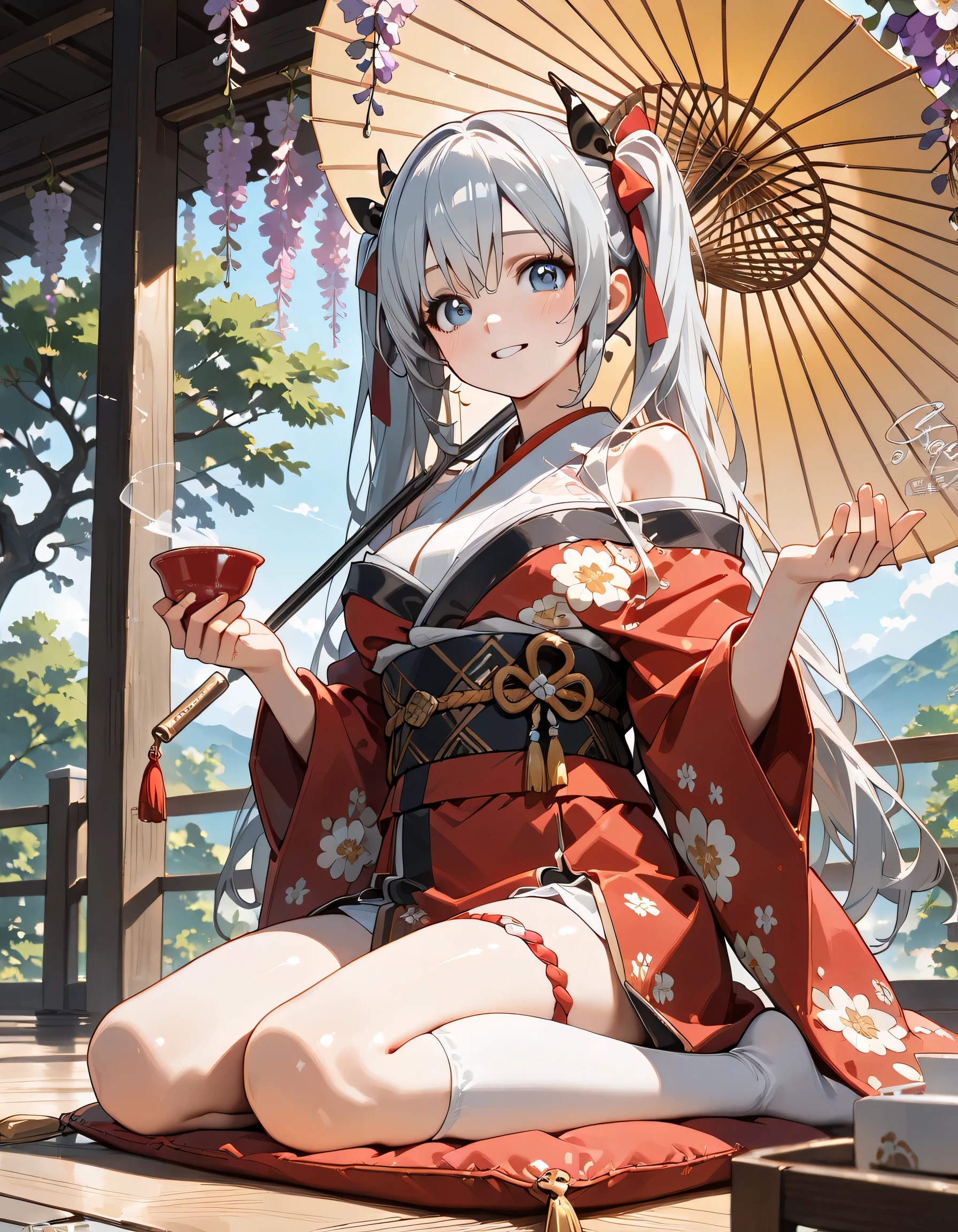 ((ultra-detailed)), (highly detailed CG illustration), (best quality:1.2), ultra-highly detailed, colorful composition, artistic photoshoot, 1girl, solo focus, upper body, Japanese moe anime character, girl, dainty facial structure, baby face, round face, rounded chin:1.2, ideal ratio body proportions, celia-default, celia claire, blue eyes, sparkle eyes, long silver hair, two side up, smile:1.3, happy:1.2, joyful:1.2, blush:1.2, drinking Japanese tea:1.3, japanese style handleless teacup with green:1.4, holding a handleless teacup with both hands:1.4, steam:1.3, delicious:1.3, pink ankle-length long furisode costume with gorgeous floral pattern:1.3, red obi with golden decorations, red Japanese ornate hairpin with golden decoration, ample breasts, wariza, seiza, Sitting with a cushion on top of the red carpet, Japanese-style outdoor garden, Japanese-style umbrella, Japanese Tea ceremony, outdoor, beautiful detailed sky, wisteria blossom petals, wisteria frowers, row of wisteria trees, breeze, petals dancing, low angle, expecting, pink cheek, blush, light pink gloss slip, portrait, depth of field, soft lighting, sidelighting, shine, lighting, caustics, ray tracing, smile, perfect face, lustrous skin, highly detailed face, highly detailed eyes, perfect face, perfect nose, perfect hair, perfect eyes, perfect anatomy, beautiful hair, beautiful small face, extremely detailed face, beautiful detailed eyes, beautiful clavicle, beautiful body, beautiful fingers, 4 fingers, 1 thumb, lovely, very detailed background:1.0, highly detailed background:1.0, spring aesthetic, intricate details, solemn serene and respectful atmosphere, spring colors palette, chromatic aberration