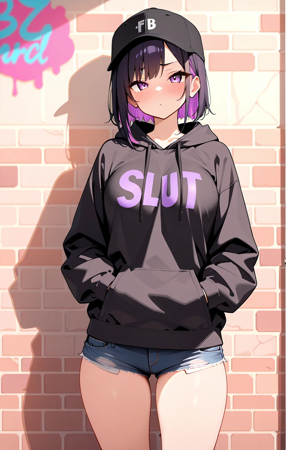 young girl, large fangs, undersized tank top emphasizing breasts, long sleeves covering hands, hair in bob, headphones, huge scarf