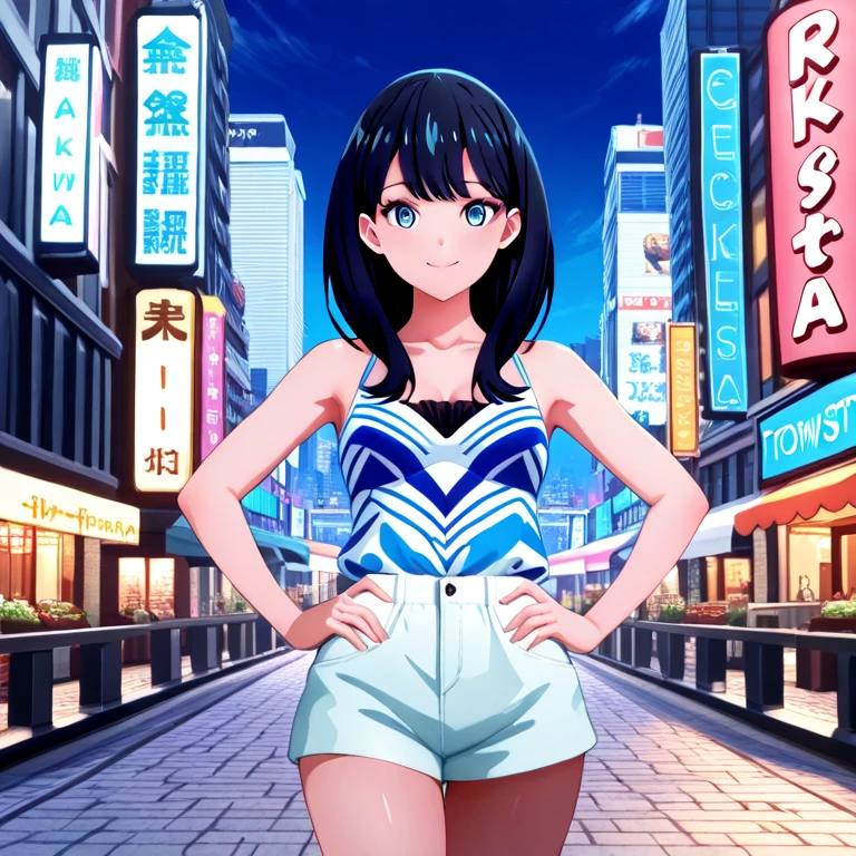 Girl in little swimwear walking towards the dark city, anime style landscape, decaying city, poor lighting, girl walking in the city, starry sky