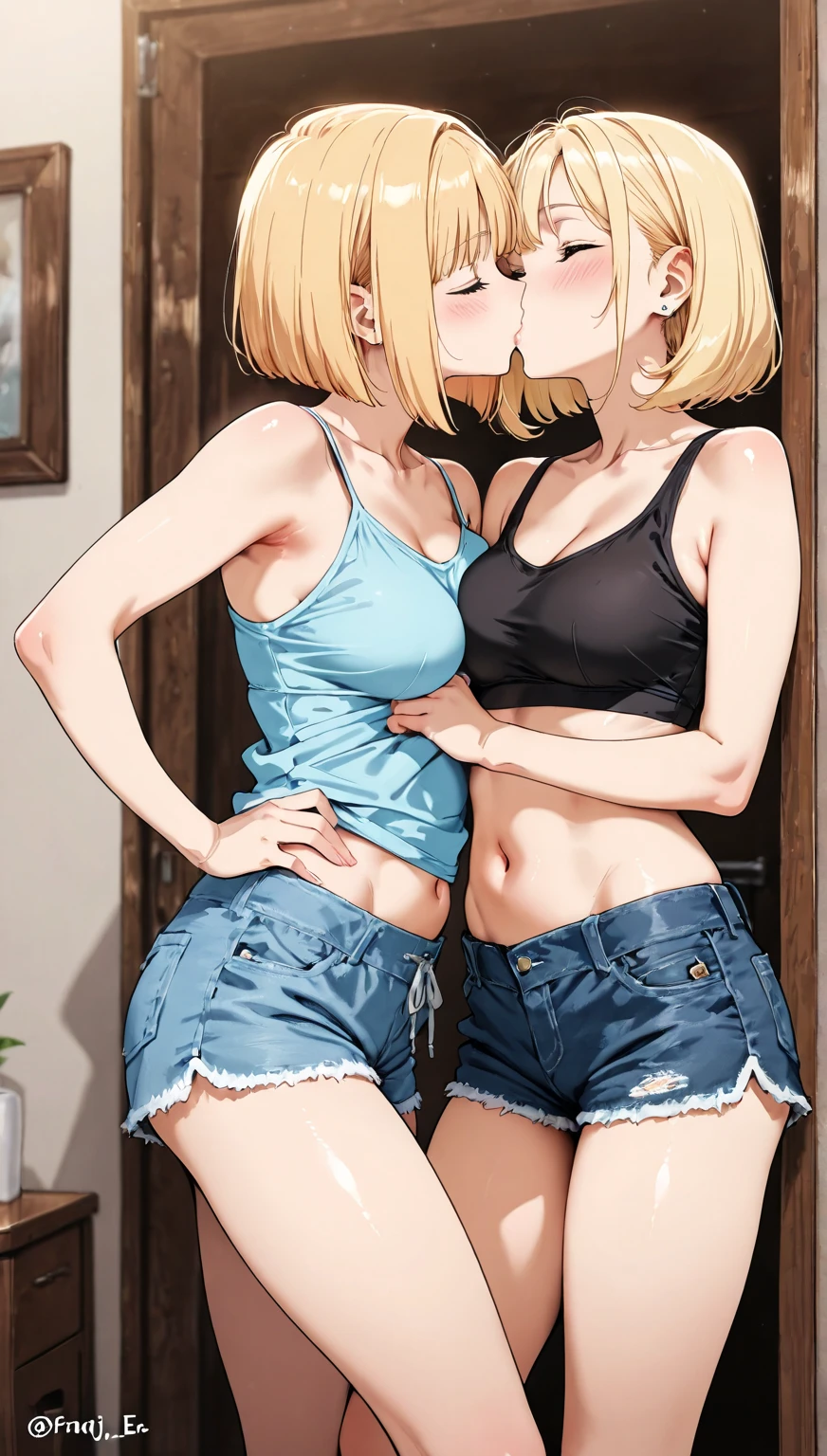A woman in a tank top and full-zip shorts eats a tlayuda at a taco stand　Jeans have a belt　Belly button piercing　　With side slits　Big Ass　Draw the buttocks in detail　Draw the crotch area in detail
