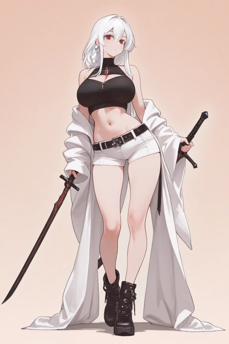 masterpiece, best quality, highres, 1girl, white hair, asymmetrical hair, hair between eyes, sidelocks, bangs, golden eyes, choker, red choker, pendant choker, collarbone, chest tattoo, oni tattoo, cleavage, medium breasts, thighs, bandages, bandaged leg, jacket, white jacket, bomber jacket, single bare shoulder, full body, night, legs together, feet, single glove, single fingerless glove, wristband, black socks, cat ear, tactical boots, katana, holding katana, standing, long hair, western castle, blood splatter