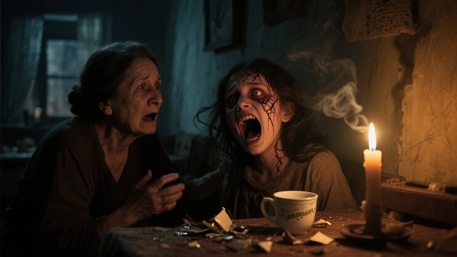 25 year old woman doing witchcraft for her evil old mother who is in a wheelchair, candles, dark, skull, blood, scary dark