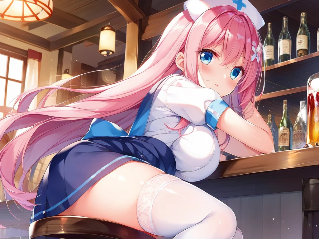 1 girl, game CG, white dress, cleavage visible, shoulders visible, corset, white short skirt, white jacket, neck ribbon, white beret, muffler, gigantic breasts, pink hair, long hair, straight hair, ahoge, pink eyes, cafe , smile, sit,