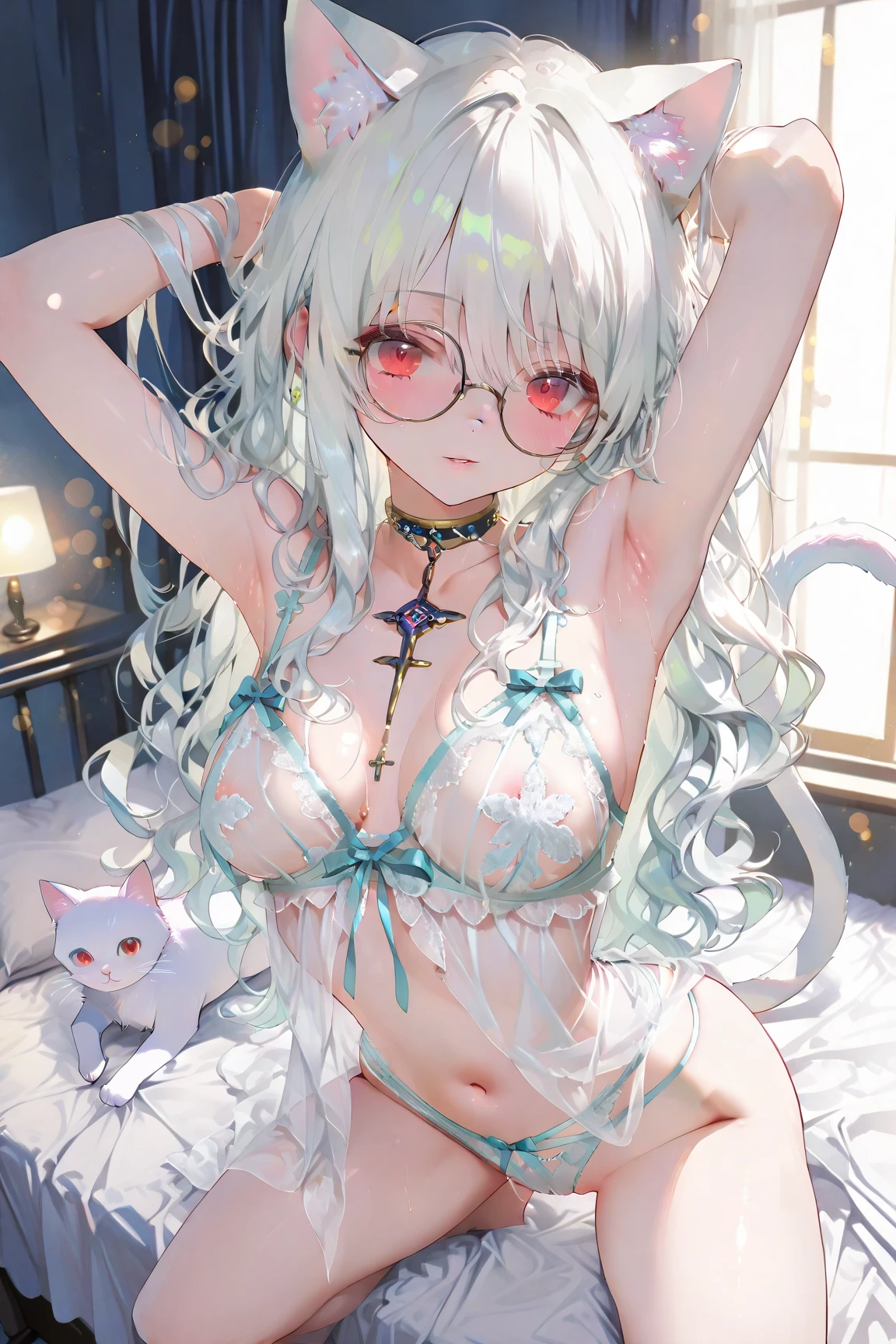 (8k, RAW photo, photorealistic:1.25) ,( lipgloss, eyelashes, gloss-face, glossy skin, best quality, ultra highres, depth of field, chromatic aberration, caustics, Broad lighting, natural shading,Kpop idol) looking at the void with a serene and goddess-like happiness, (((masterpiece))), colorfull, light and dark background with blurry effect, a young elve in grey outfit in the middle with belly exposed, big boobs, ponytails, wear office glasses, from above, fullbody, nijistyle, rainbow, dynamic pose