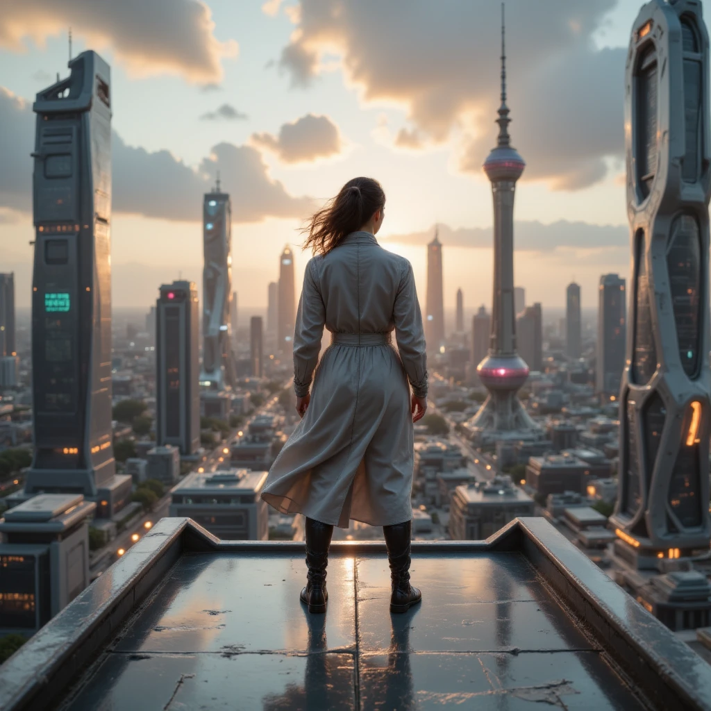 Buddha(played by scarlet Johansson), Meditation in the middle of the metropolis, Cyberpunk city, Cyberpunk meditation