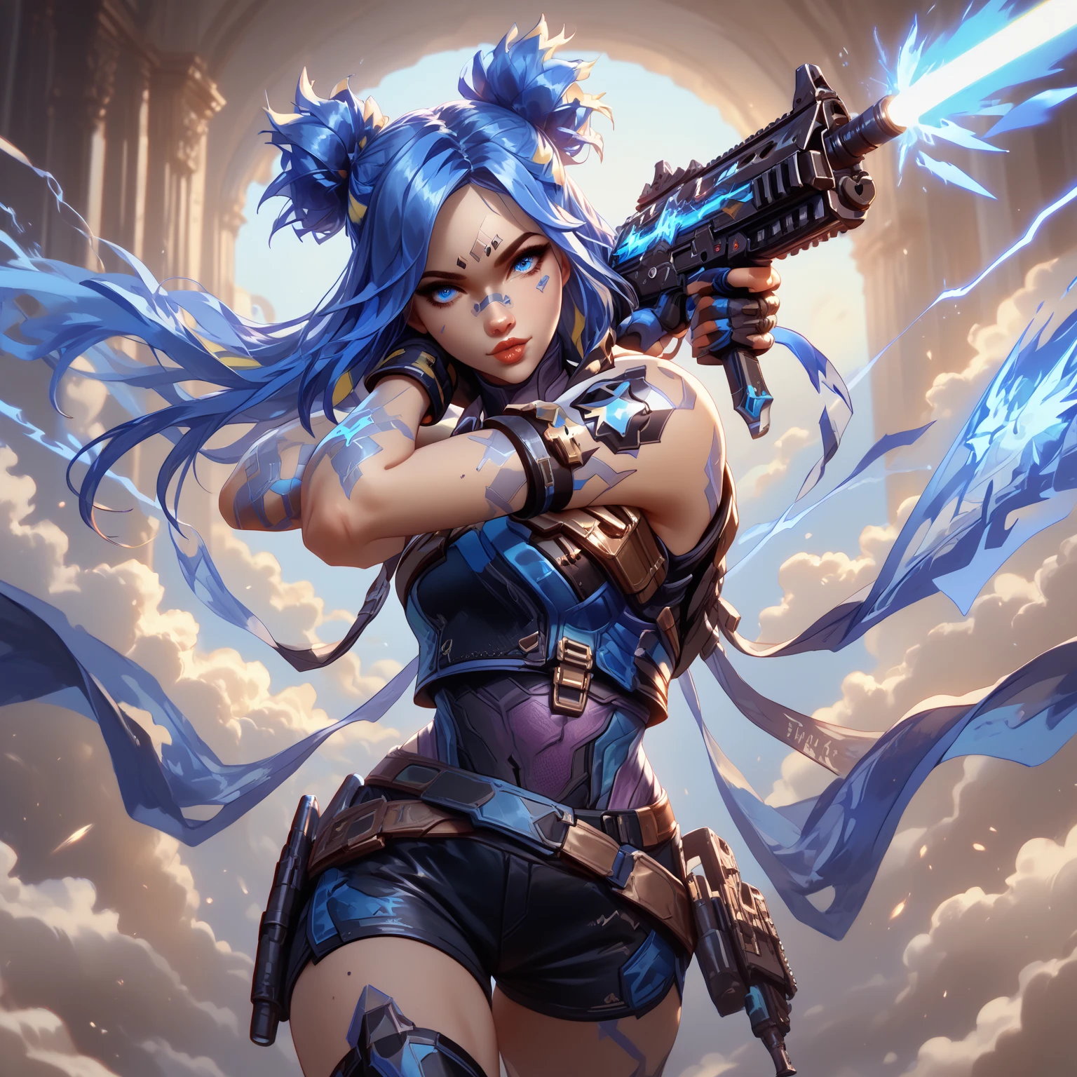 obra-prima, melhor qualidade, ultra-detalhado, 8K, luz detalhada, sombra detalhada, RAW, (pele detalhada), (realista: 1.2), jinx from league of legends, rosto, pilyeon, unhas pretas, joias, cabelos longos azuis, olhando para o visualizador, gargantilha, colar, piercing, fundo branco, Heart, boca fechada, olhos azuis, esmalte de unha, Fundo simples, cabelo azul amarrado nos dois lados, nas mãos segura Portable Gatling machine gun like energy blaster. --auto