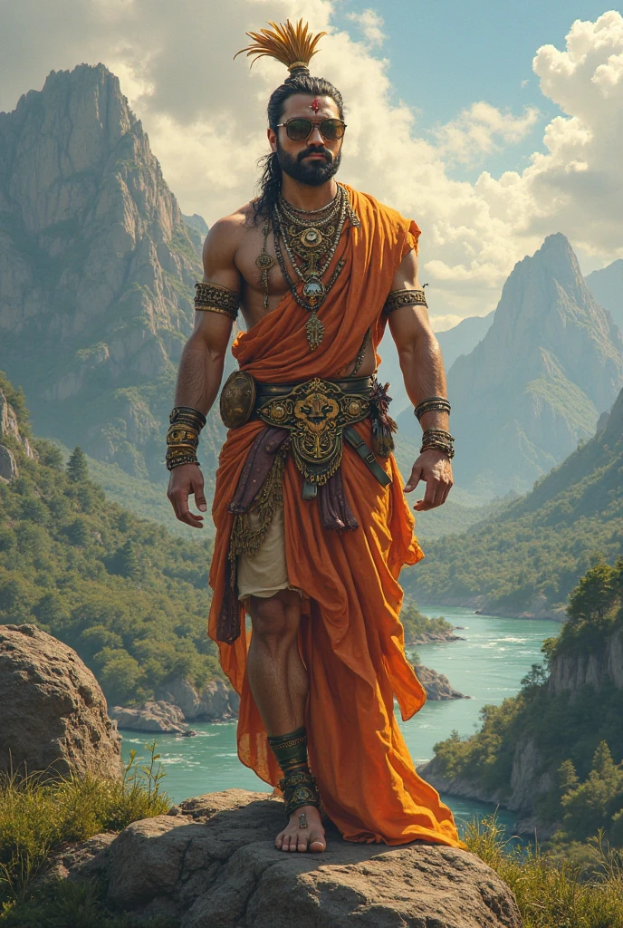 A 20 year old  boy with body of ramayan time whose color midium with 180 feet hight