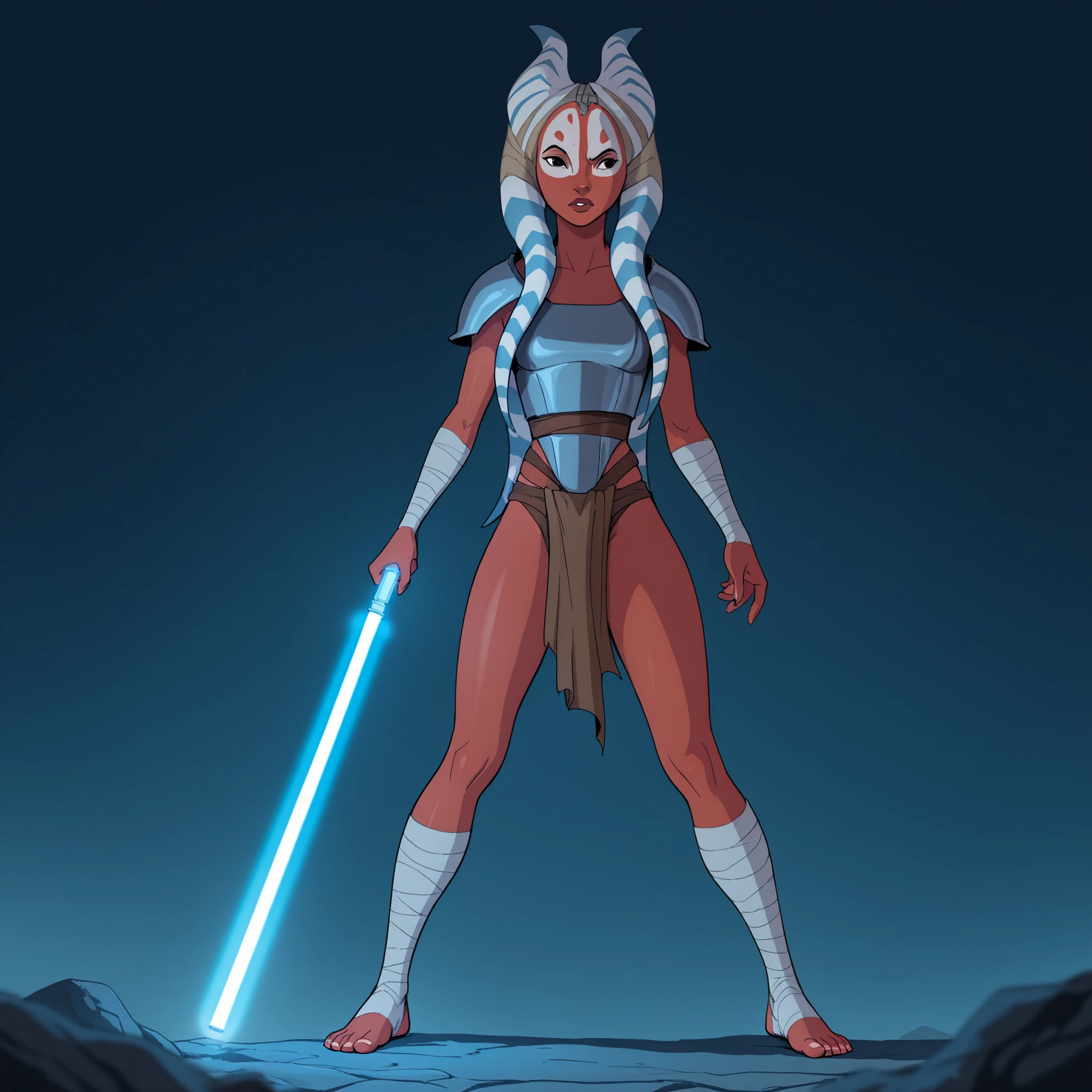 masterpiece, best quality, DisneyClassics disney shaaktidg,
loincloth, toeless legwear, bandages, ankle wrap, armor, with blue lightsaber