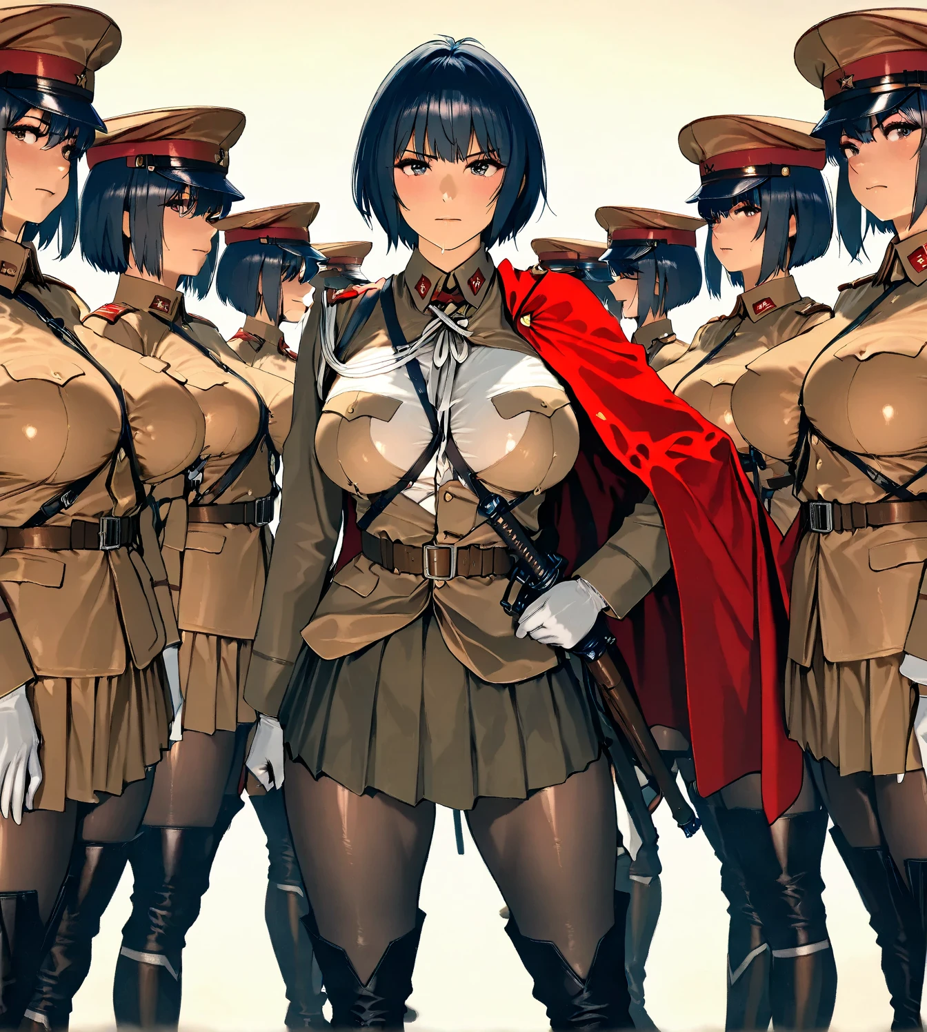 Tōdō,female soldiers、an army of many girls、soldier,   brown uniform、  clothes that accentuate breasts  、military style clothing 、 accentuates bust,、skirt for ears,,Highest Quality, 8k, super detail, photorealistic, masterpiece, Highest Quality, high resolution, Very cute skin   ,delicate, thighs,attractive、   dark blue short hair、black stockings、black long boots、He wears a red cloak on his left shoulder、"vintage Japanese post-war war movie poster style, heroic Japanese female officer in center foreground wearing WW2-style military uniform, surrounded by supporting female soldiers and key characters, dramatic composition, bold brushwork style or painted look, muted sepia or warm color palette, cinematic lighting, intense facial expressions, background shows battlefield smoke or rising sun motif, retro film poster layout, 1950s–1960s Japanese movie art style, no text"