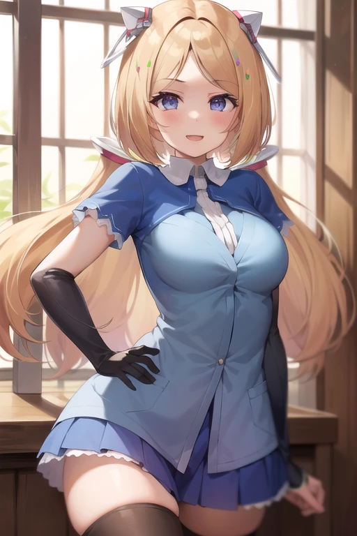 High resolution, Very detailed, perfect lighting, beautiful detailed eyes, ((masterpiece,Best Quality)), absurdities, alone, princess zelda, by the width, crown braid, Hair clip, pointy ears, navy blue one piece fitted nurse costume,navy blue fitted nurse costume, Gloves without fingers, black gloves, sexy garter belt, sexy garter belt, smile, curves, nod, , deep neckline, deep neckline, touching his chest in a sexy way, touching his chest in a sexy way