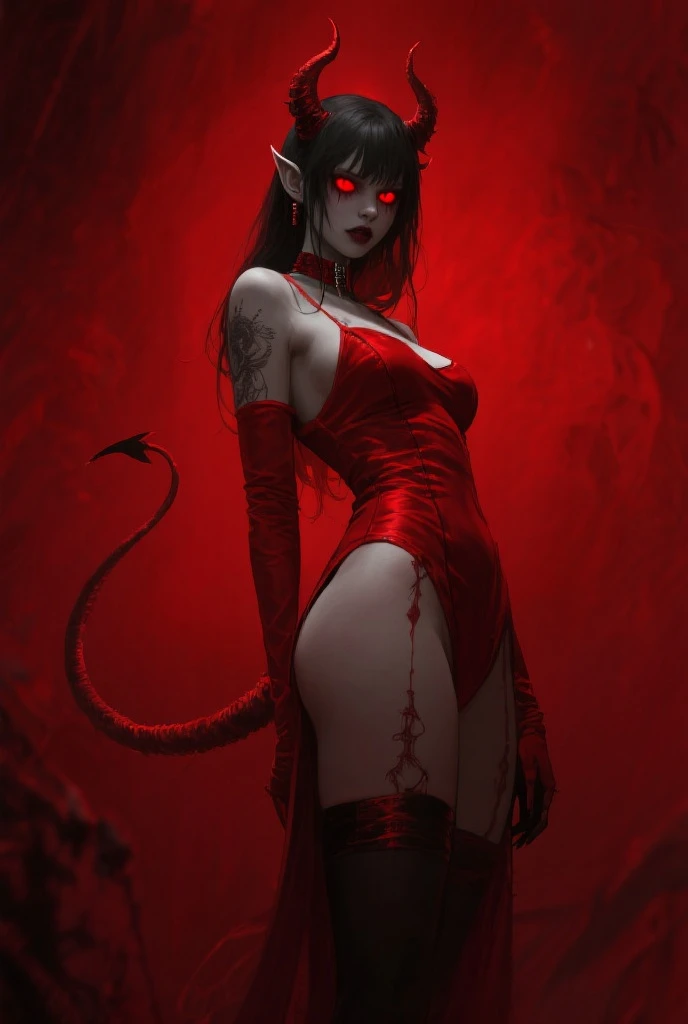 a girl with black hair and red back hair black eye sockets and red eyes with twisted horns and black glasses in a black and red dress and with a devil's tail