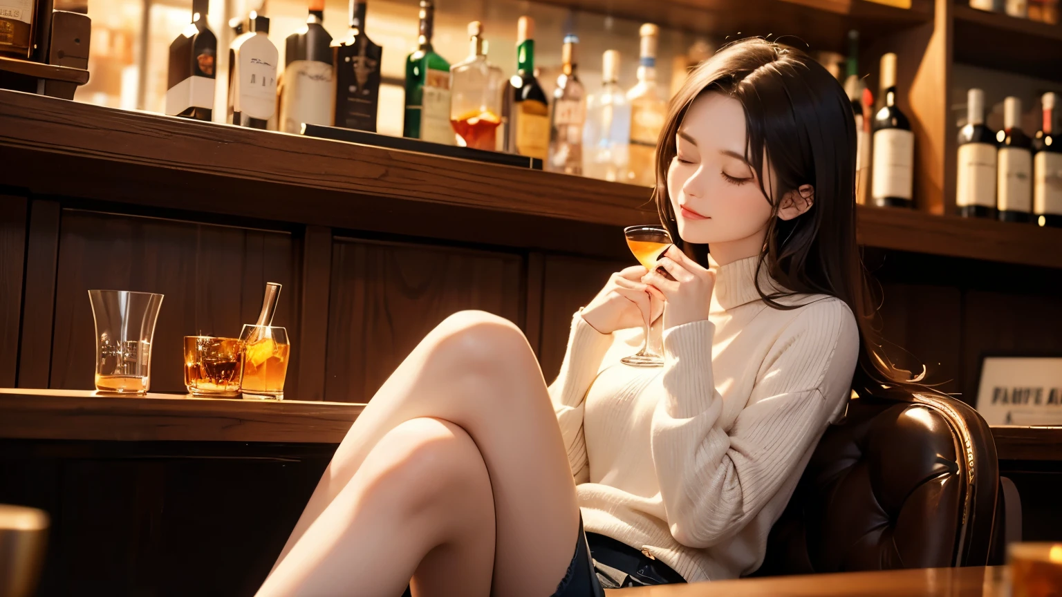 girl, (Oversized Sweaters:1.2), Sleeveless, cleavage, in nightclub, cheers, raise a toast, (preteen:0.2), (age 18-19, pretty girl:1.3), high nose, slim body, slender girl, correct anatomy, detailed bust, slim thighs, slim legs, big breast, little head, short hair, black hair, blu eyes, seductive style, NSFW, pussy