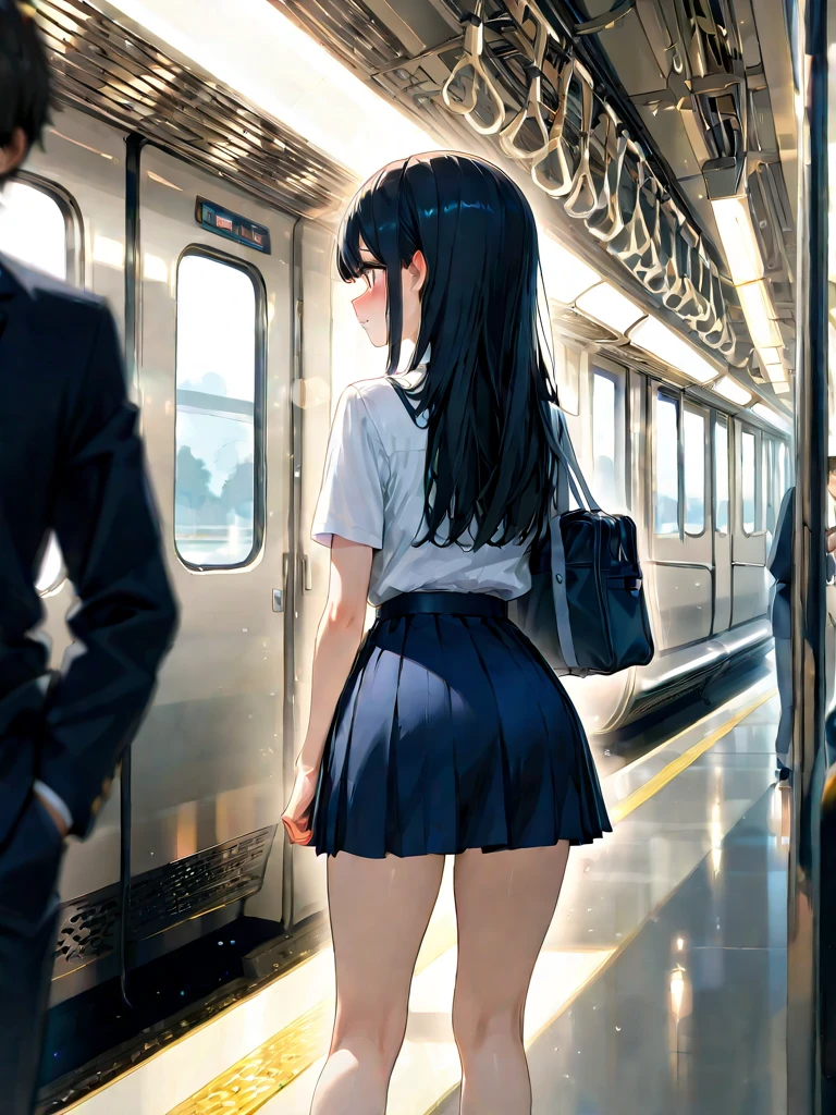 Black-haired high school girl wearing a plaid skirt、standing、Open the vagina、Camel hoof、Rear view、No panties、pussy juice、embarrassed from、Sheer nipples、On the train