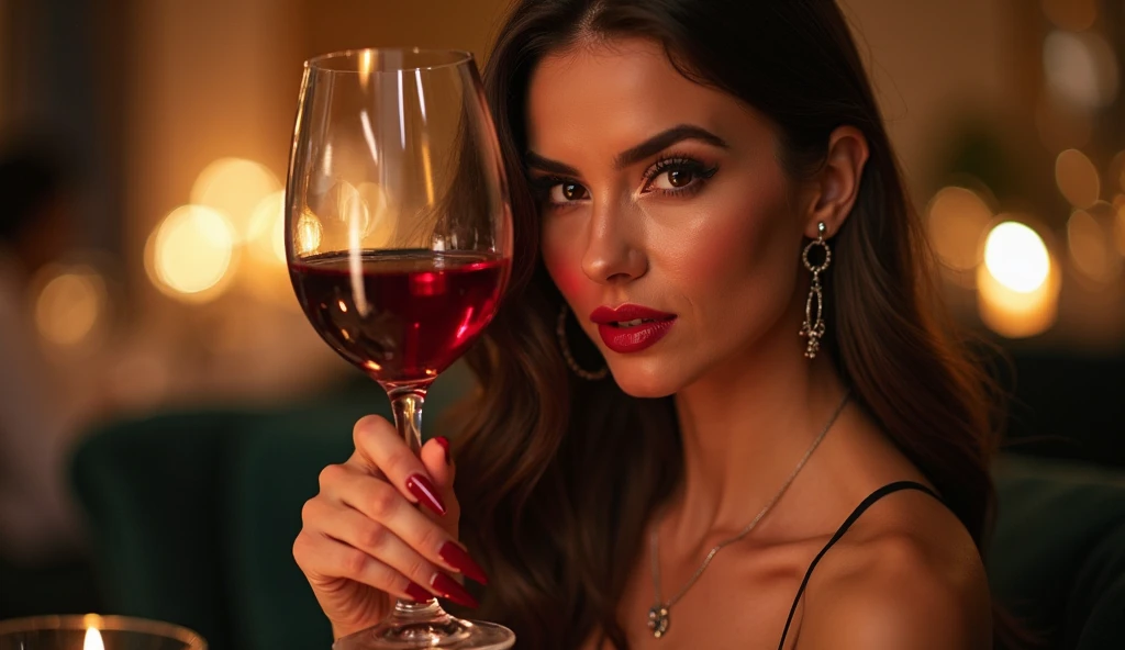 beautiful woman 22 years old 5.2 feet, 36DD huge firm breasts without a bra, in a ((dark green)) sleeveless embroidered dress, dresses with a deep V-neck and cleavage, long earrings like tassels, (dark red wine in glasses), ((medium length dark brown hair is slightly curly and tied in a braid at the back)), light gentle smile, light red lips, she looks on viewer, deep red grapes on the table, fractals of light, indian women, extemely fair looking