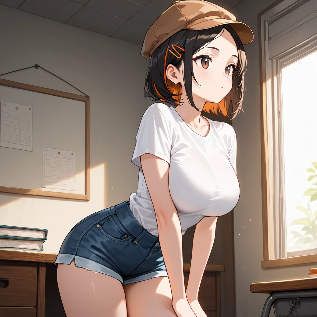 ((Table t○p, highest quality, Hi-Res Lucifer,Anime Screen Capture、Pixel Perfect, 8k、Browsing Caution、Sex)))、(Black baseball cap)、Perfect Anatomy、Miyu Kato、(((Maintenance Staff、Chubby、Big Breasts、Wide Hips、Wide Hips、Thick thighs、Hands behind the back、Sitting on the floor、Spreading her legs)))、(((short hair、Long sideburns、Single Braid Ponytail、Brown Hair)))、(((Shirt lift、White T-shirt、Green Cargo Pants)))、Brown gloves、Sweat,(Green Eyes)、 ((surprised、:o、blush))、(locker room)